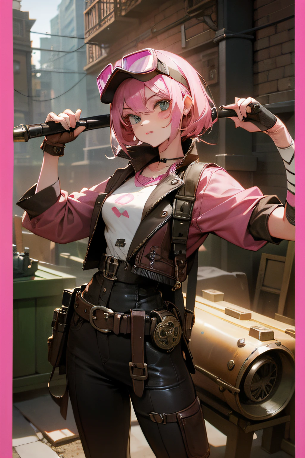 17 year old girl, pink hair, steampunk outfit with pink goggles, holding metal baseball bat, mechanical left hand, absurdres, high res. ultrasharp, 8K, masterpiece, looking at viewer