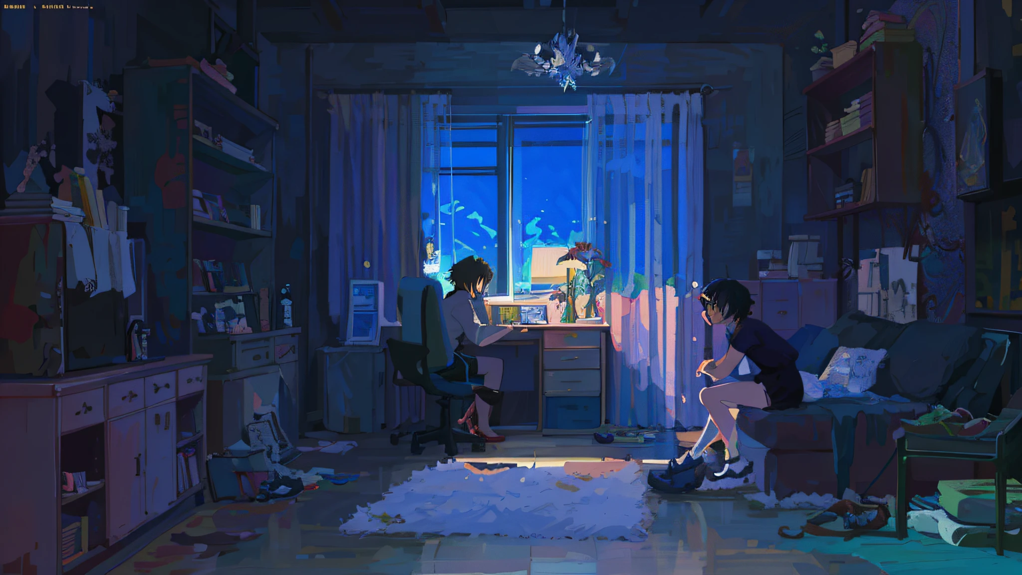 anime scene of a woman sitting in a chair in a room, anime background art, anime scene, anime art wallpaper 8 k, lofi art, anime art wallpaper 4 k, anime art wallpaper 4k, lofi artstyle, lo-fi art, makoto shinkai cyril rolando, guweiz and makoto shinkai, beautiful anime scene