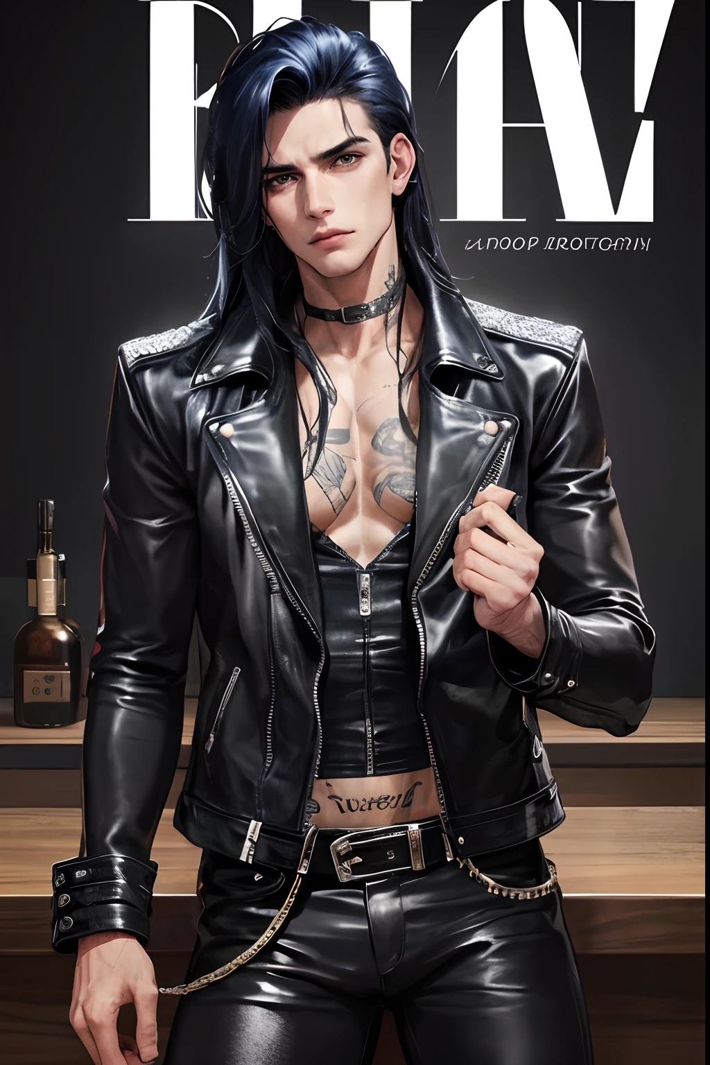 cover for a book, photography of a heavy metal star, a solo man, (((man))), (masculine face), 25 years old, singer, bad boy, (black eyes), expressive look, long dark blue black hair, (((bar background))), straight hair, blueshine hair, unshaven, black leather jacket, long sleve jacket, leather pants, chest tattoo, super detailed face, perfect body, perfect shapes, realistic image, award winning photography, 8k,