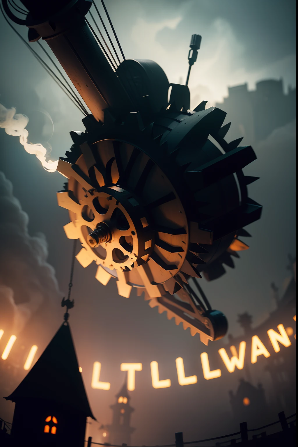 Halloween. Medieval times. a closeup of a. An infinitely huge gear flies in the air high above the ground. Gears rotate the mechanism of the Halloween holiday. sparks. Smoke. Lots of shadows of huge ghosts. Cinematic. super realistic. Blurred dark gloomy background. Clouds. Light haze.