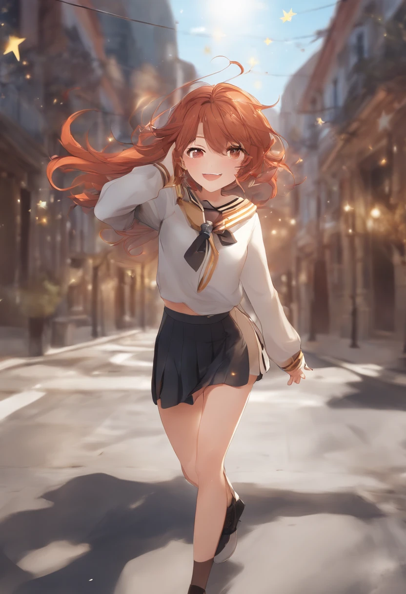 whole body, view straight on, flying_sweatdrops, flat chest,short hair,spiked hair, bangs, hair between eyes, sidelocks, red hair, hair blowing with the wind, smile, stars in the eyes,yellow eyes, sailor suit, sweater, pleated_skirt, black_footwear, bare_legs, light brown_ Clothes, outdoors, day, busy street,left side up hair,laugh with your mouth wide open,wide open eyes,kita ikuyo,From above,