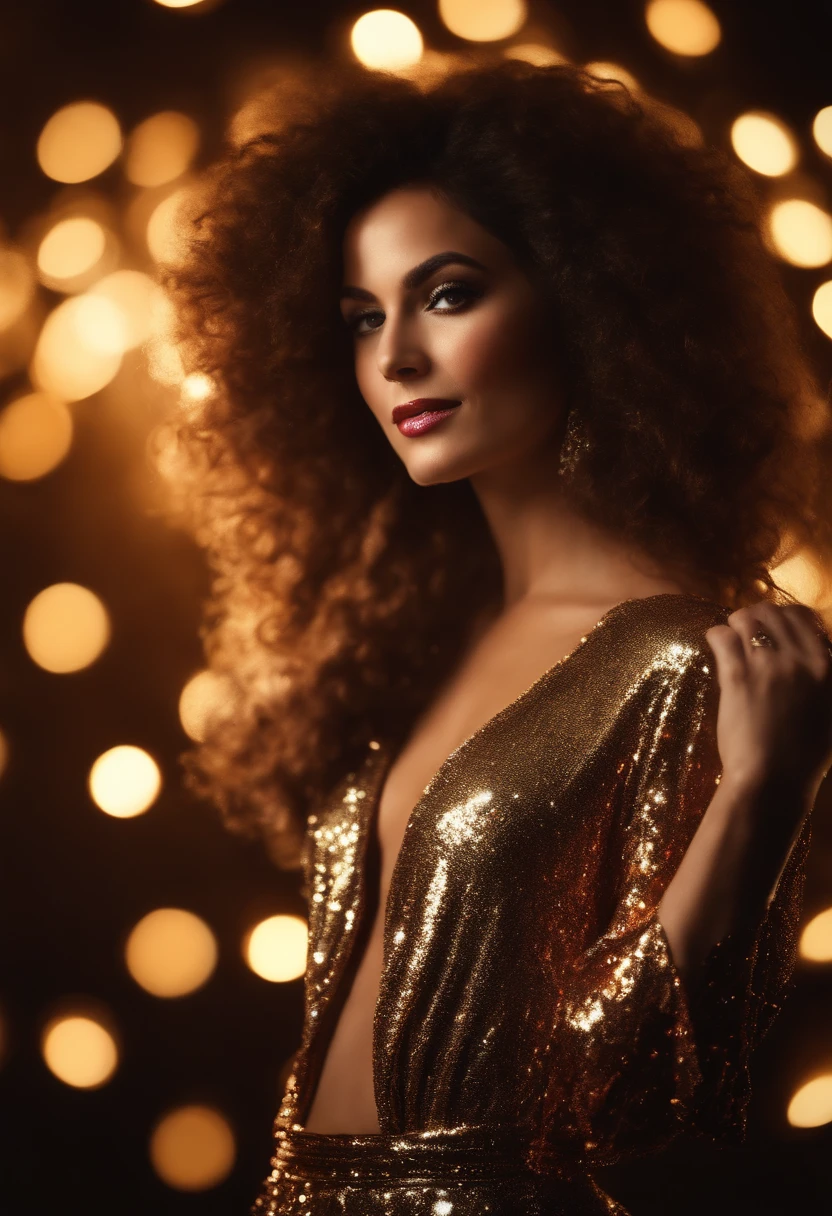 70s disco style woman, fashionably dressed, with sparkles, lush hair and makeup, dynamic pose, backlights, bokeh style, half length shot, high quality photo. --ar 3:2 --v 5