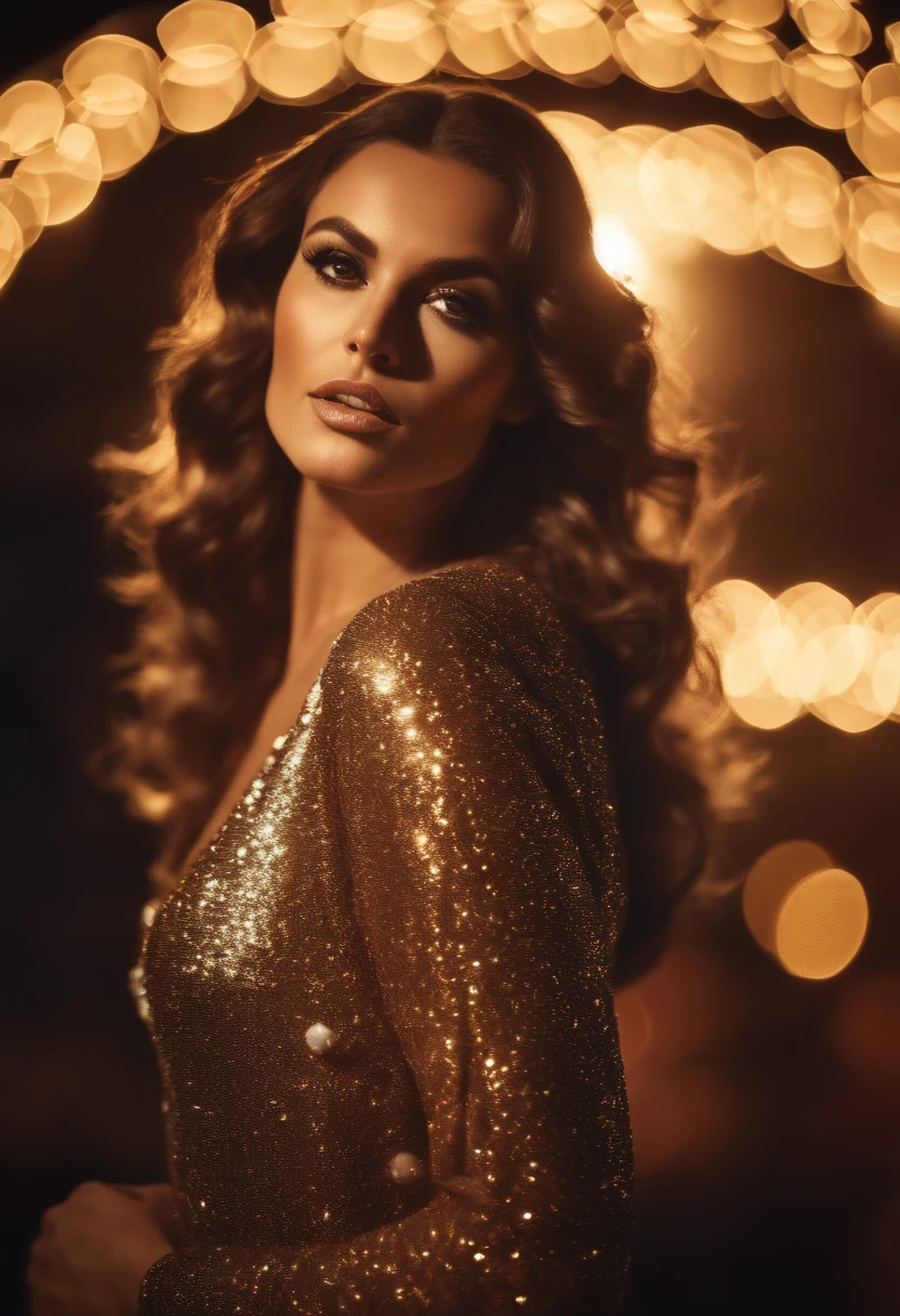 woman in shiny sequin dress, silver and gold color, 90s style, half length shot, side light, high quality photo, cowboy shot