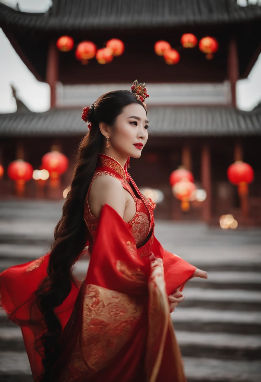 1womanl, 24 years of age，Chinese female celebrity，Chinese costumes，Gorgeous，the night，Ancient Chinese architecture，Court，Chinese elements，Numerous sky lanterns，lantern，New Year，Red ribbon，