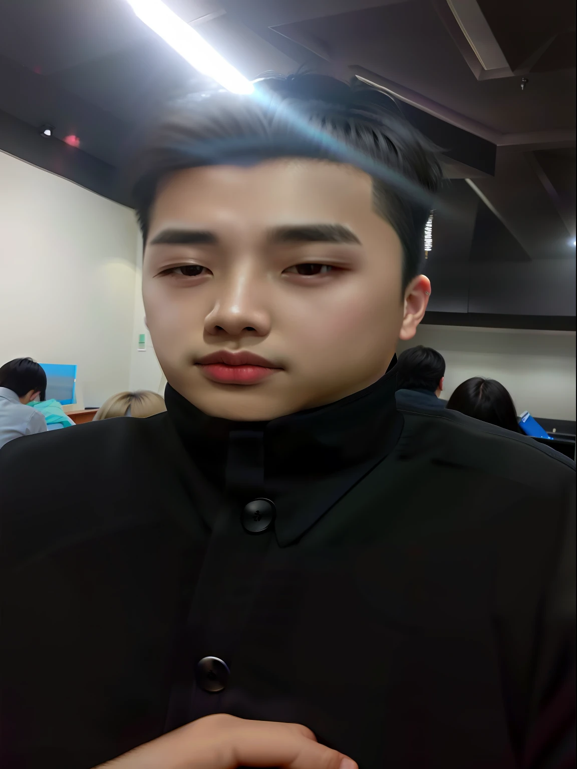 The Arafed man in a black shirt and tie stood in the room, hong june hyung, yanjun cheng, xintong chen, 2 7 years old, South Korean male, 2 8 years old, 2 3 years old, 2 2 years old, Zhongyuan Zheng Lei, 21 years old, wenjun lin, Lin Qifeng, zeng fanzh