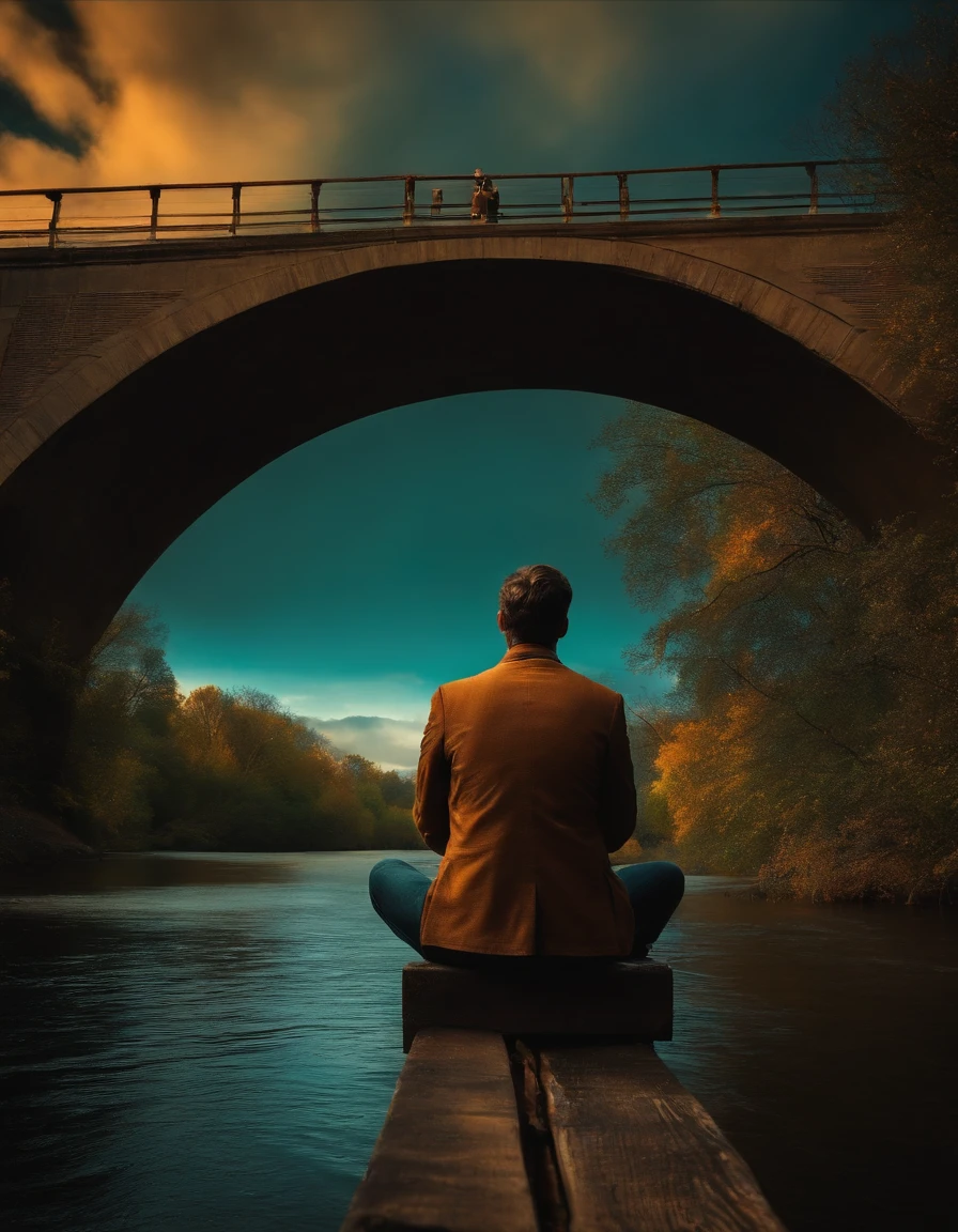 man sitting on bridge overlooking a river, from behind