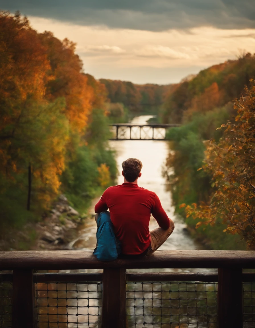 man sitting on bridge overlooking a river, from behind