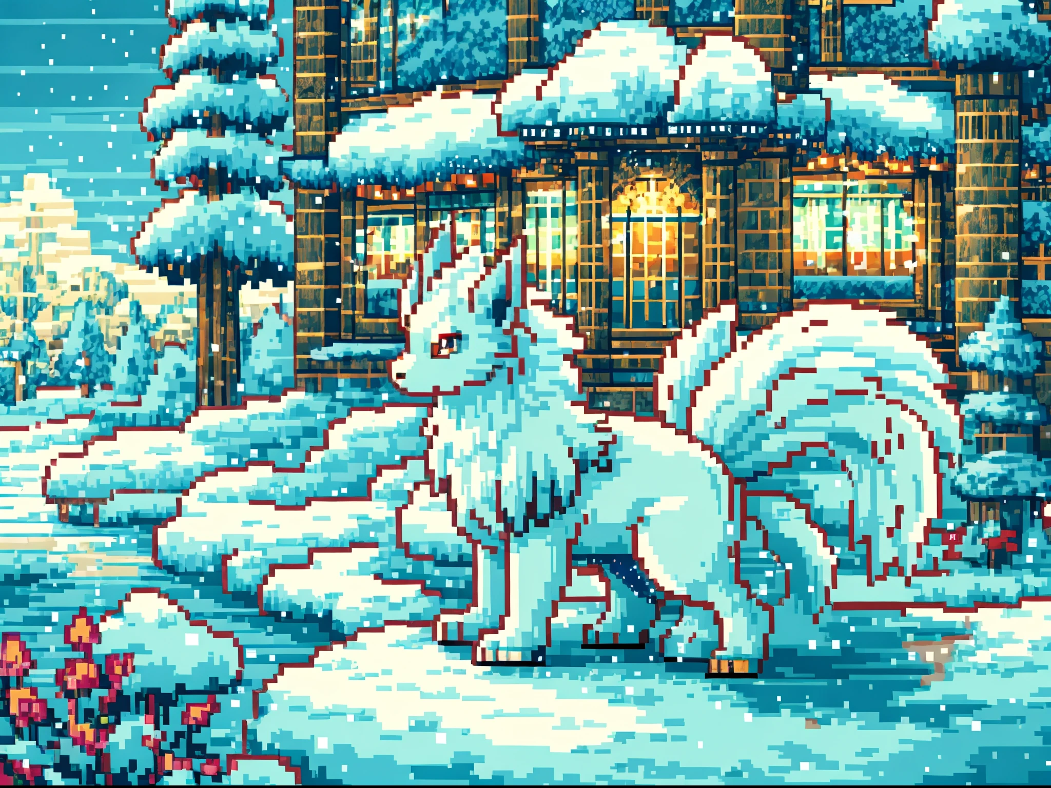 In a snowy pixel art style, imagine a game scene inspired by Pokemon Green featuring an Alolan Ninetales. The scene is set against a snowy background, with intricate details and vivid colors. The Alolan Ninetales stands gracefully in the foreground, its long and elegant tails flowing behind it. Its beautiful, detailed eyes and face capture your attention, while its exquisite, icy blue fur glistens in the winter light. The scene is rendered in high resolution, with sharp focus that highlights every pixel and brings the artwork to life. The lighting is soft and warm, casting a gentle glow on the snowy landscape. It is a masterpiece that combines the charm of old-school pixel art with the enchanting world of Pokemon.