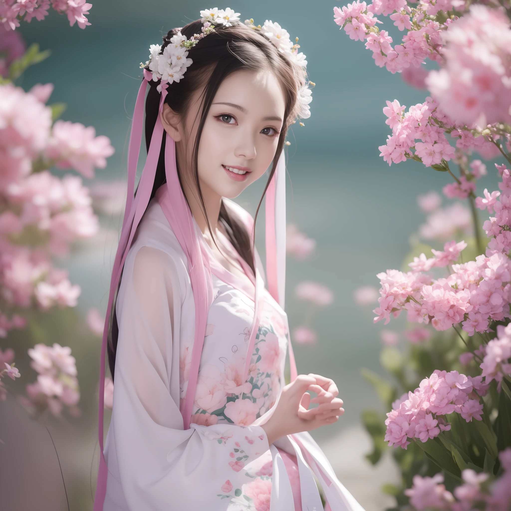 There is a woman in a white dress with flowers in her hair, Flower Garden