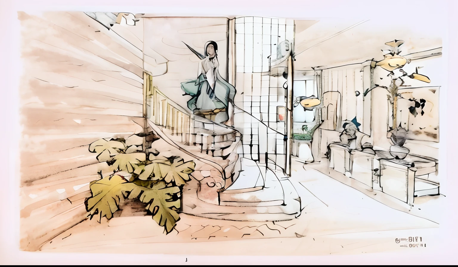 living interior style: modern of Luigi rosselli architecture, The girl in a white dress is walking up the stairs, sofa color tone: white berge, lighting: night. material: glass wall, paint white, oak warm wall tv, South American monster green plant, real images, rendering 4k