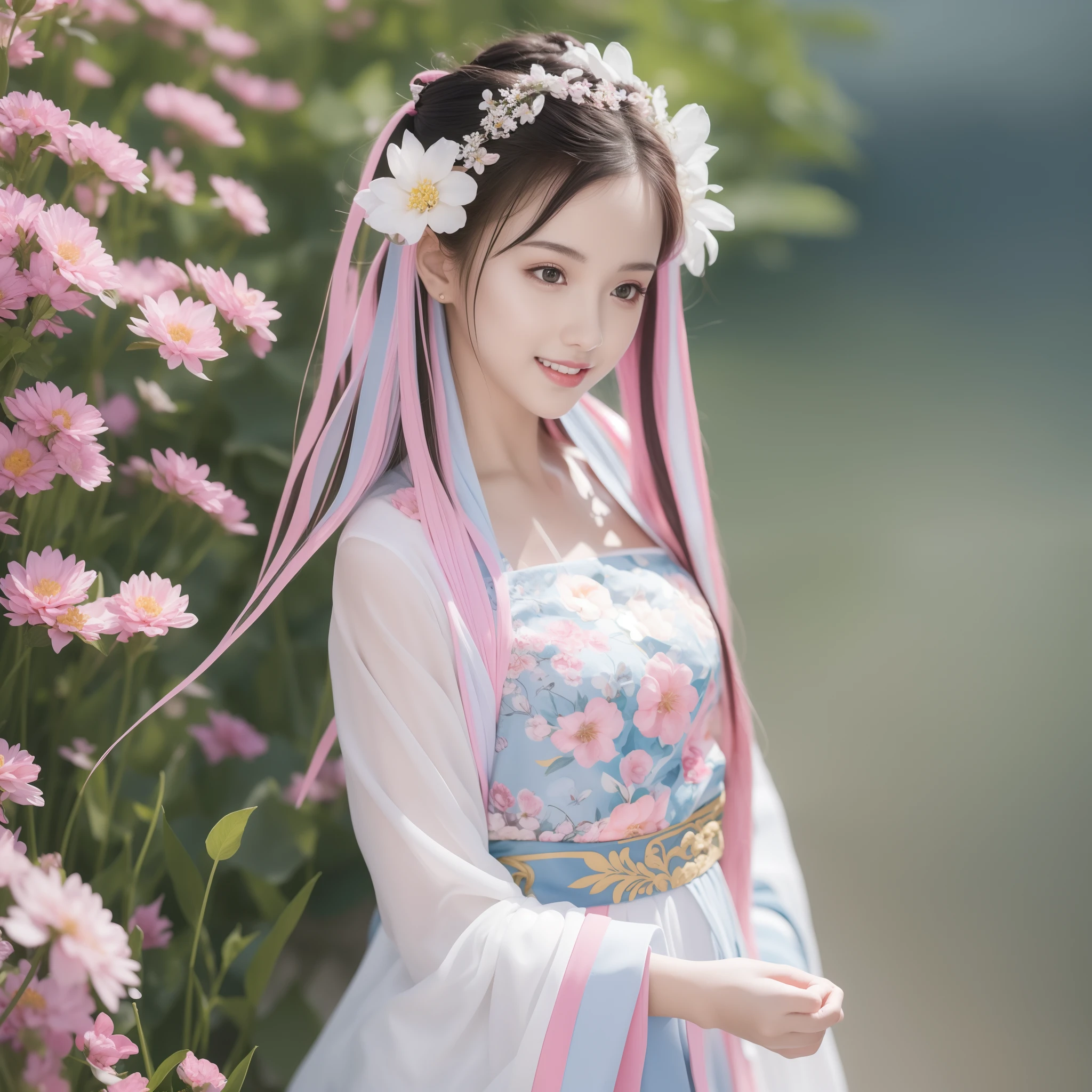 Extremely Detailed CG Unity 8k wallpaper,optimal lighting,super-detailed,best qality,Hi-Res,National style girl,pastel light,beautiful hair,Pink and white Hanfu costume,Open space,white silk,Bright Colors,He smiled,Stand in a sea of flowers