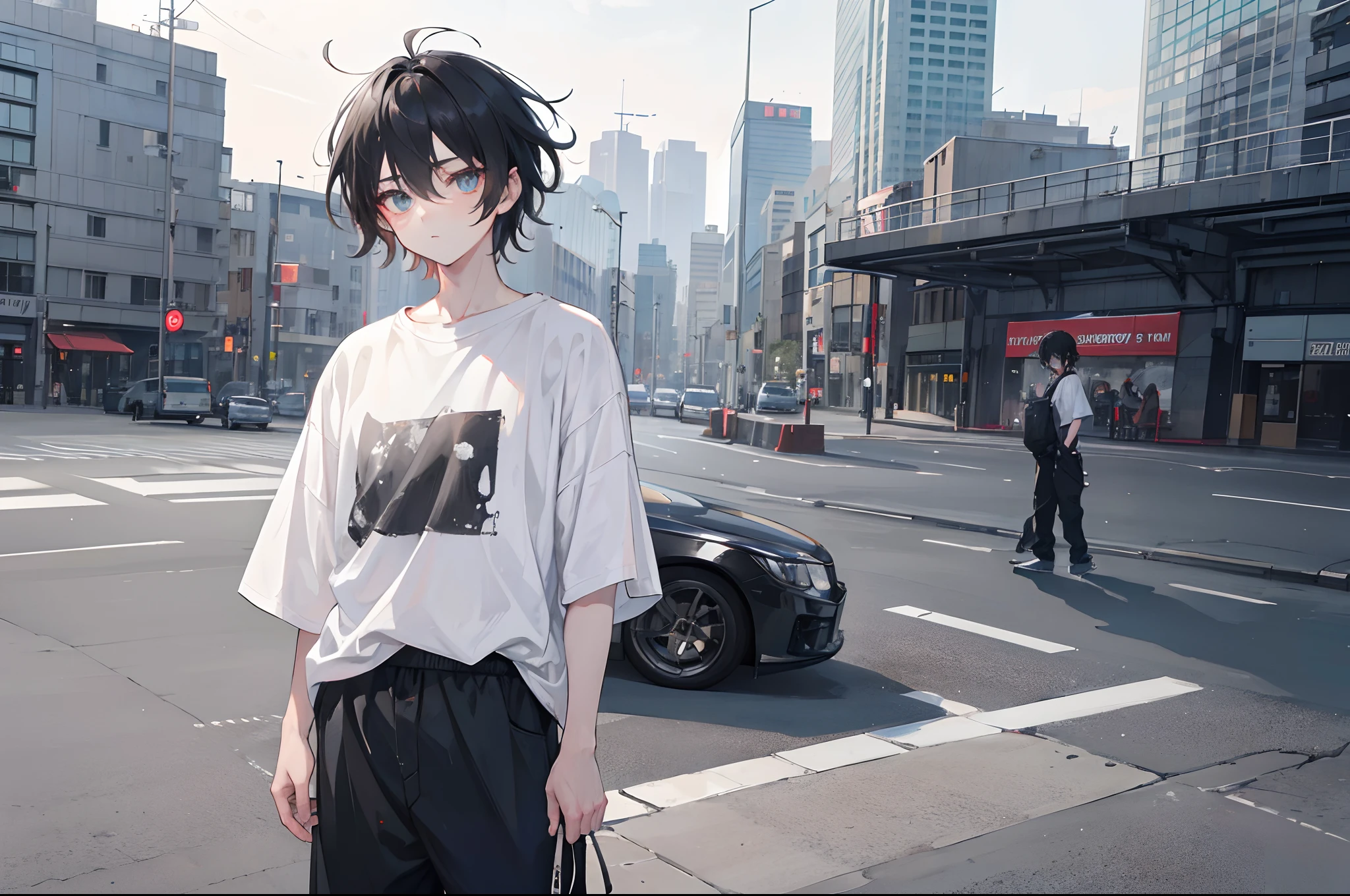 1 boy, black messy hair, tuby eyes, wearing gray baggy vintage pants, oversized white t-shirt, city, absurdres, high res, ultrasharp, 8k, masterpiece, looking at viewer