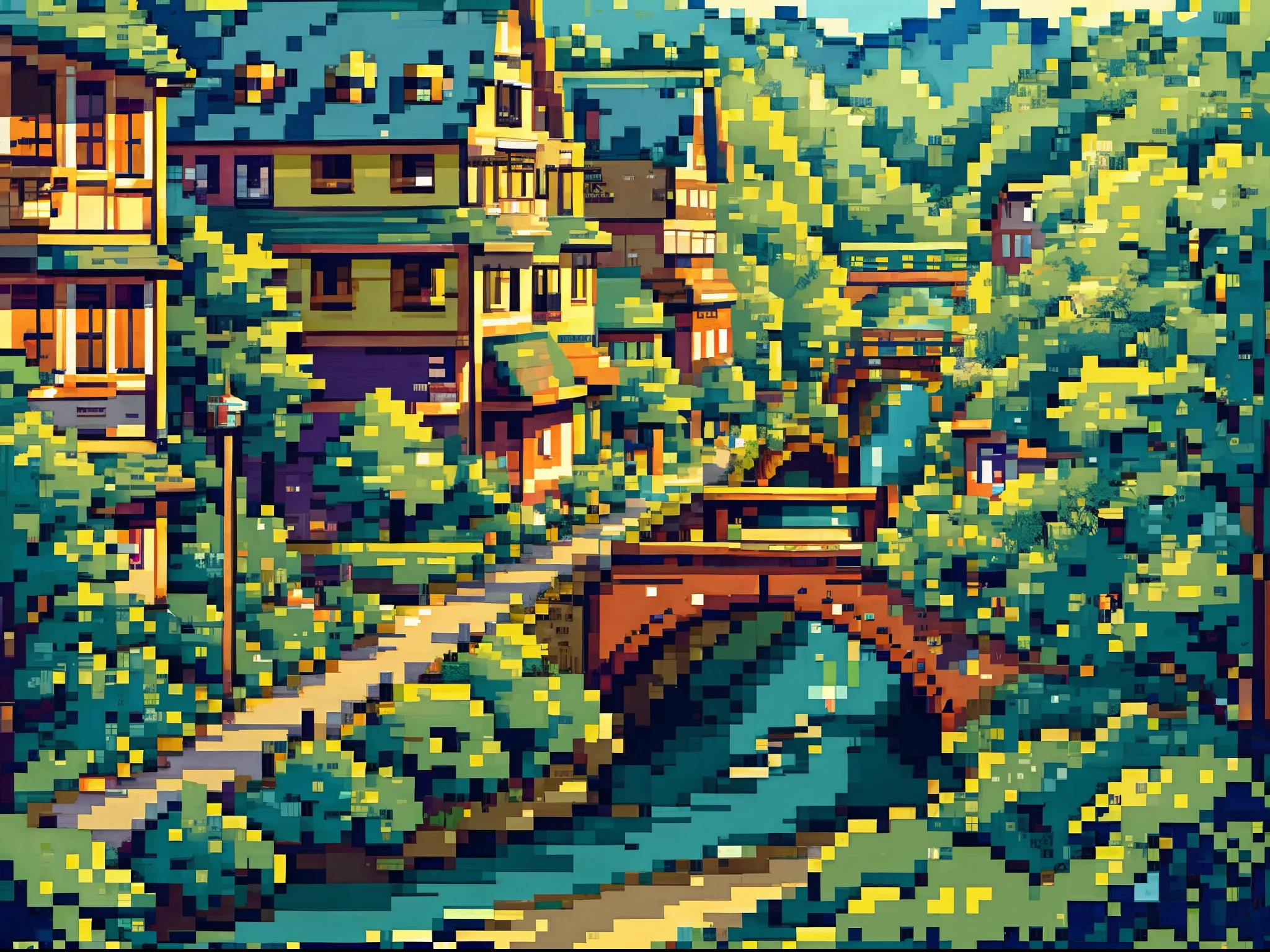 best quality, high-resolution pixel art of a bustling and vibrant town map from the beloved video game "Mother 2". The map showcases intricate details of the town's layout, including winding roads, bridges, and buildings. The art style is reminiscent of classic 16-bit pixel art, with sharp focus and ultra-fine painting techniques. The colors are vivid and eye-catching, with a mix of bright and pastel tones that bring the map to life. The lighting is warm and inviting, with soft sunlight streaming through the trees and casting gentle shadows. The scene is bathed in a nostalgic and whimsical atmosphere, capturing the essence of the game's unique charm. The map features a river flowing through the town, adding a dynamic element to the composition. The cars on the road are carefully detailed, with each pixel capturing the classic design of vintage vehicles. The use of dots and quarter view perspective adds depth and dimension to the map, allowing the viewer to immerse themselves in the vibrant world. Overall, this pixel art masterpiece is a true homage to the iconic game, showcasing the beauty and intricacy of its virtual world.