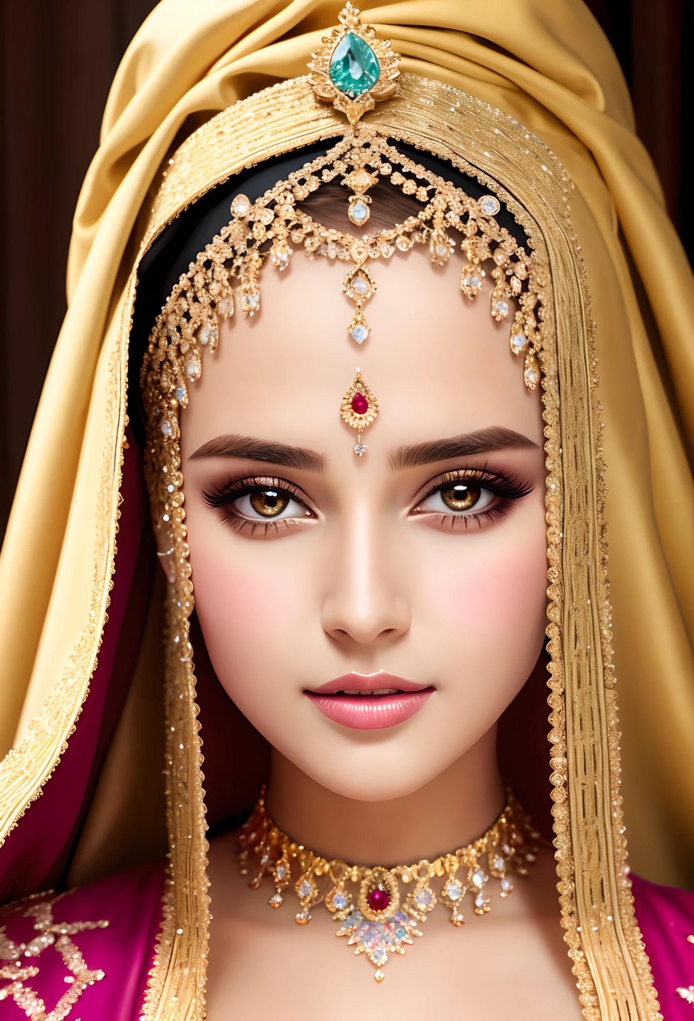 Very beautiful princess with jewlery bright eyes portrait zoom sexy sexy face sexy eyes mouth bright eyes crystal eyes hyper realistic super detailed wearing Islamic caftan