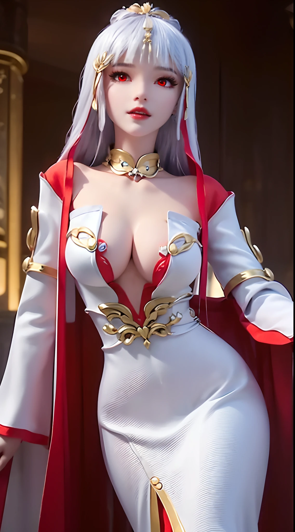 "A beautiful 20 year old young woman, (((sexy slim dress:1.6))), ((white dress with red trim:1.5)), platinum hair color, platinum bangs, the most beautiful and detailed hair jewelry, extremely round shape and face beautiful, thin eyebrows, most beautiful and perfect face, ((black eye pupils:0.8)), very beautiful eyes, ((red eyes:1.4)), eyelashes makeup and beautiful details, high nose, earrings, thin lips, red lips, ((closed mouth: 1.5)), beautiful lips, (((touch your thighs:1.6))), smooth white skin, most beautiful thighs, ((arms spread out to the sides: 1.5)), strong arms and legs, rosy face, clean face, flawless beautiful face, smooth white skin, cleavage, ((big breasts:1.6)), ((very round breasts:1.3)), ((tight chest:1.2)), ((breast augmentation:1.5)), beautiful breasts, ((lower biceps: 1.5)), 8k photo quality, super high quality, super realistic, 10x super pixel, realistic photo, studio dark, rim light, two-tone light, (high detail skin: 1.2), ultra 8k, soft light, high quality, volumetric light, realistic, Photo, high resolution, light bright, best photo, 4k quality, Smooth and sharp, 10x pixels, (galaxy:1.7), aurora, lightning, surreal graphics, most realistic graphics, 1 girl, alone, solo, Super sharp, surreal images, closer to the girl, ((frontal portrait:1.5)),"