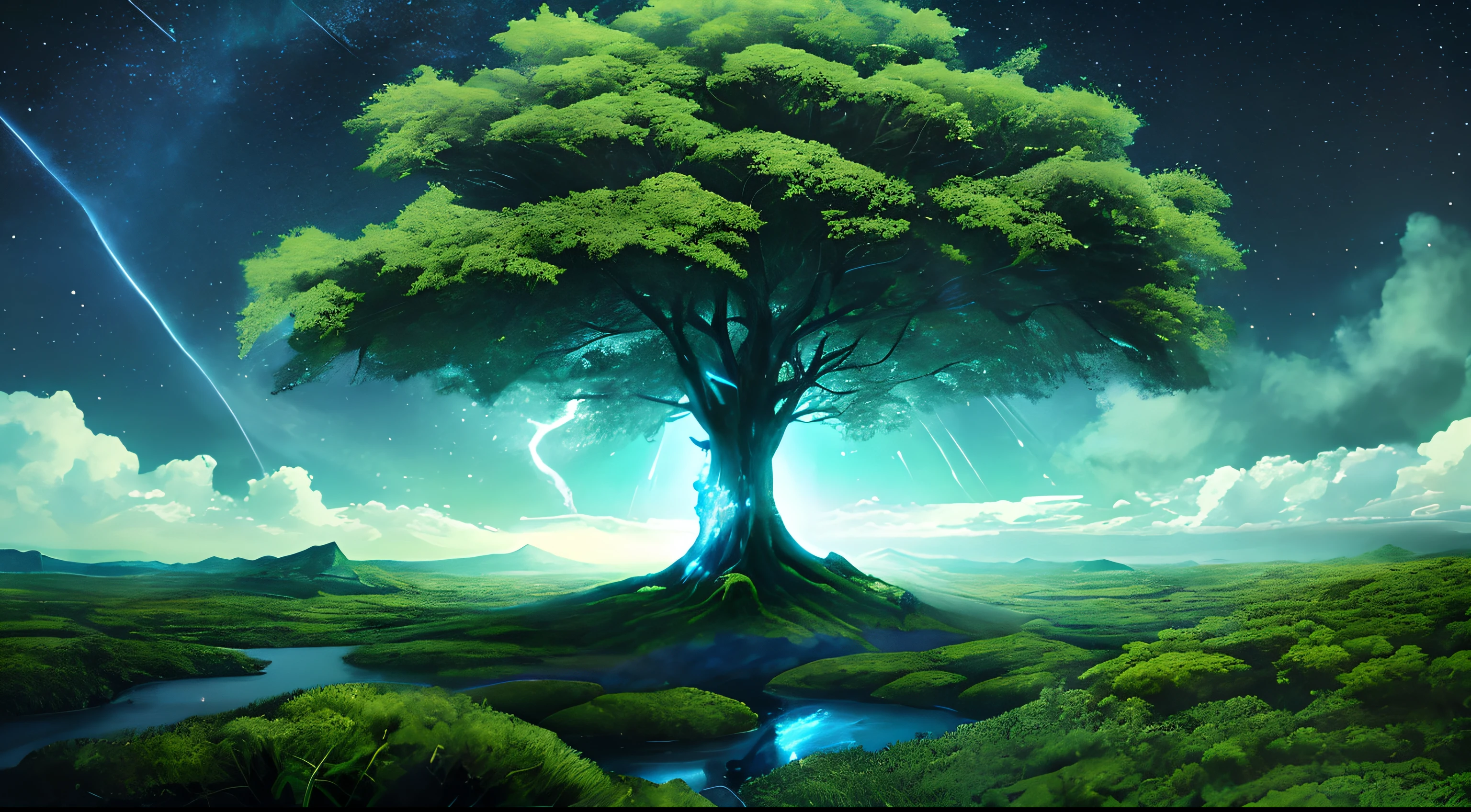 Illustration of a surreal, otherworldly, hyper sky scene including a giant crystal tree full body, highly detailed and magical lighting, intricate forest details, vegetation and surrounding river, solar punk, landscape, giant tree , beautiful green leaves, beautiful lighting and realistic proportions, as if this is a movie background, 8k, highest quality, masterpiece, clouds and stars in the sky.