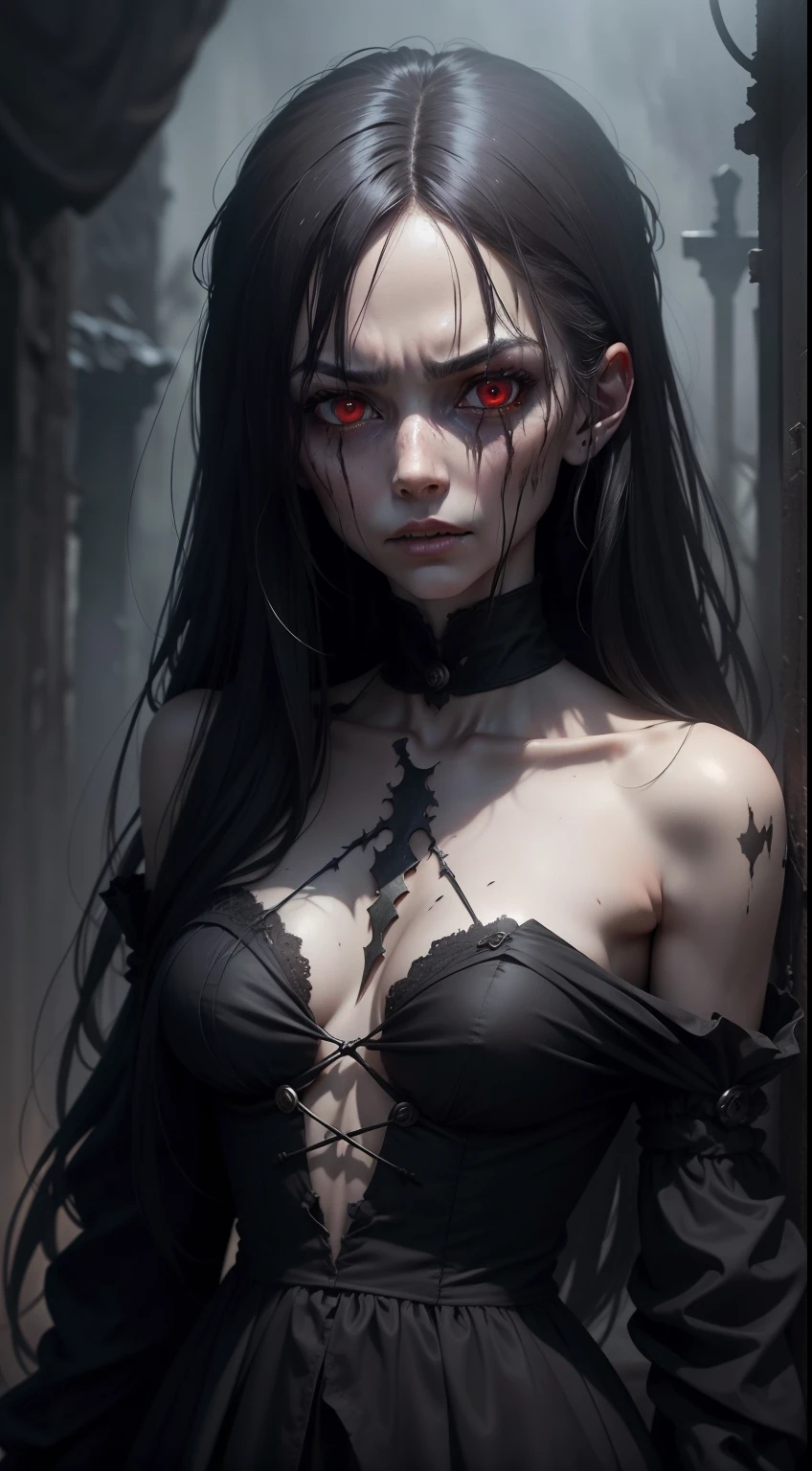 "Compose a chilling scene in which a malevolent, emaciated humanoid figure with unnaturally thin limbs and long, tangled, dark hair, clad in a tattered 1600s black dress, hovers eerily above the ground on a cold, foggy night. Her red eyes glow with an evil intensity, sending shivers down the spine of anyone who dares to witness her. The air is thick with dread and decay, and the atmosphere reeks of terror. Describe the fear and disgust that overtake those who encounter her, and capture the shock value of her grotesque presence. Make sure to convey the unsettling and horrifying nature of this malevolent character, leaving readers with a lingering sense of horror and unease."
