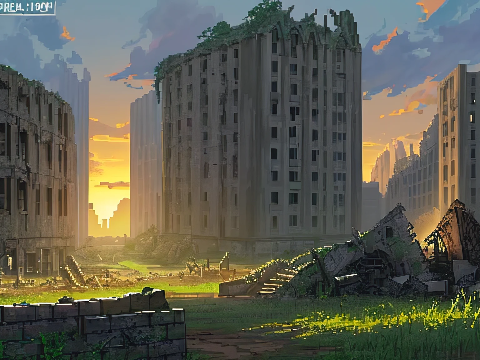 pixel art, evening light, low resolution, ruins,  Battlefield Landscape