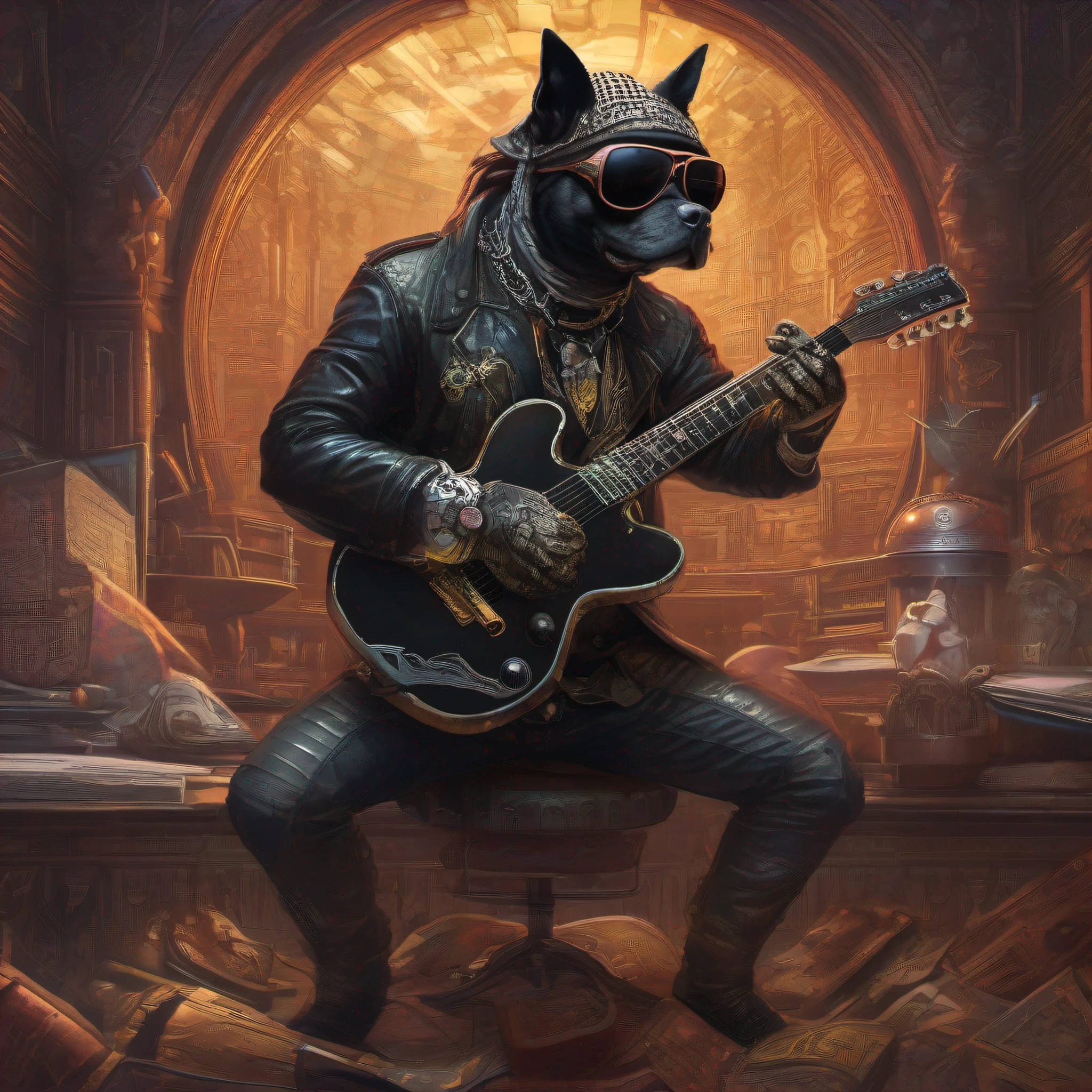 (1 dog (anthropomorphic turtle,))wearing a choker,with tattoos, sunglasses, Black leather jacket,black glove(guitar)Masterpiece, Centered, symetry,expert, insanely details, 4K, composition, The frames, picure, Intricate, voluminetric lighting, Beautiful, rich deep colors masterpiece, Sharp focus, Ultra detailed, in the style of dan mumford and marc simonetti, astrophotography