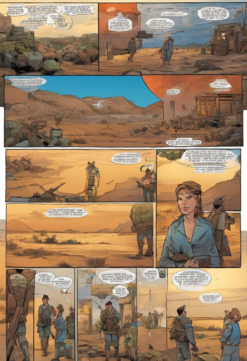 American comics, the comic story is presented in multiple irregular panels with color, A female warrior finds her way home after a war. She successfully returned with injuries. It rains. masterpiece, best quality, sad