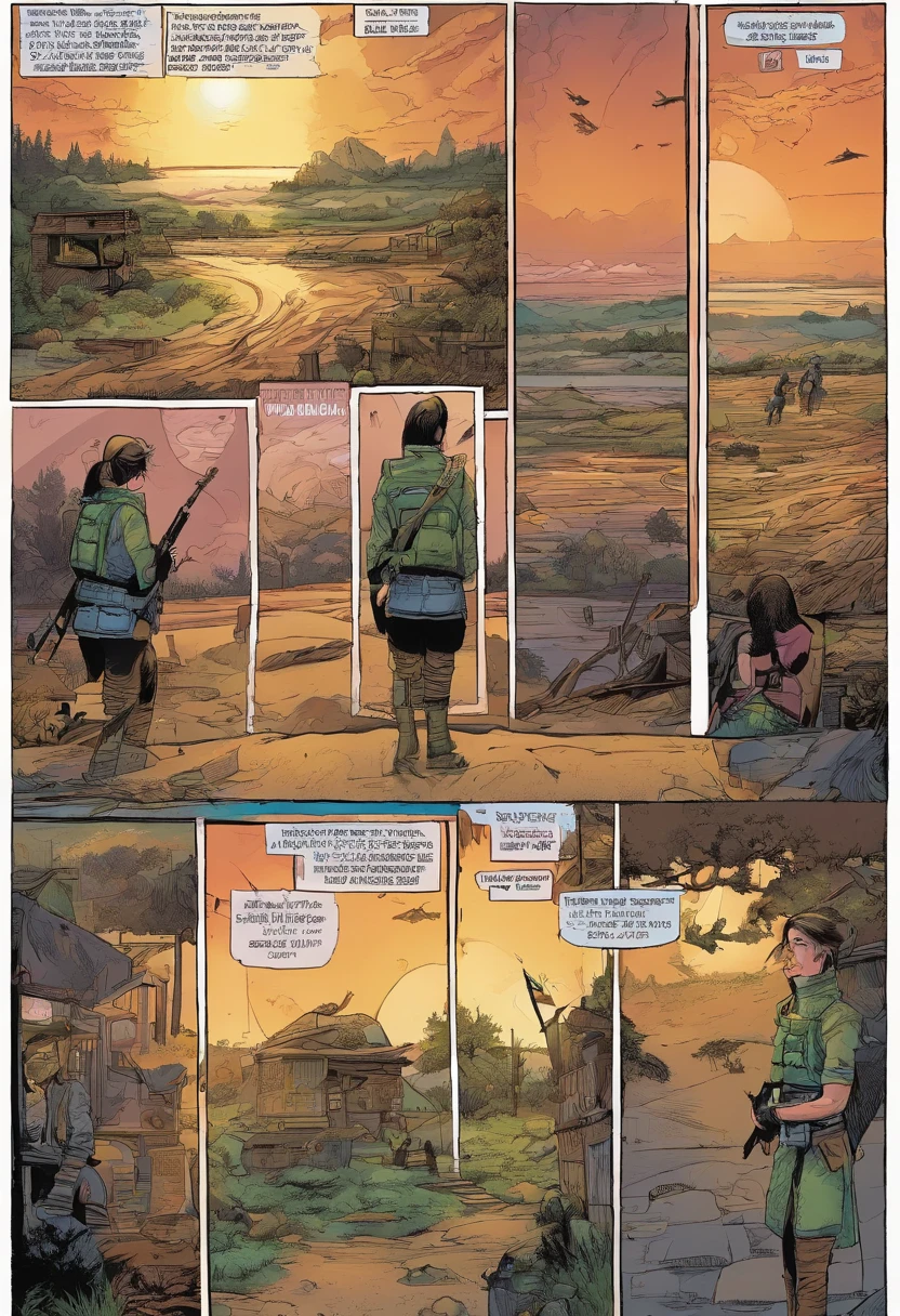 American comics, the comic story is presented in multiple irregular panels with color, A female warrior finds her way home after a war. She successfully returned with injuries. It rains. masterpiece, best quality, sad