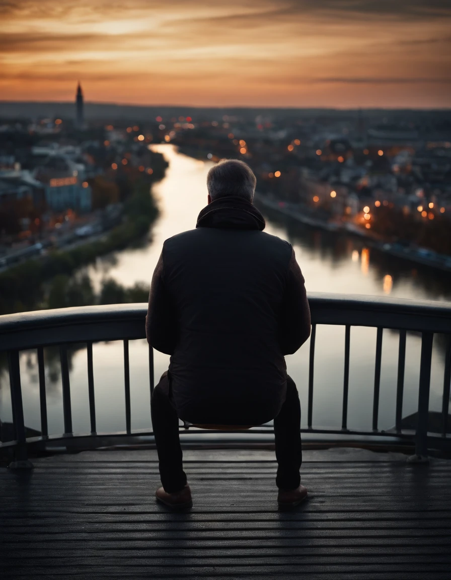 man sitting on bridge overlooking a river, taken from behind the man, no color, close up, background city