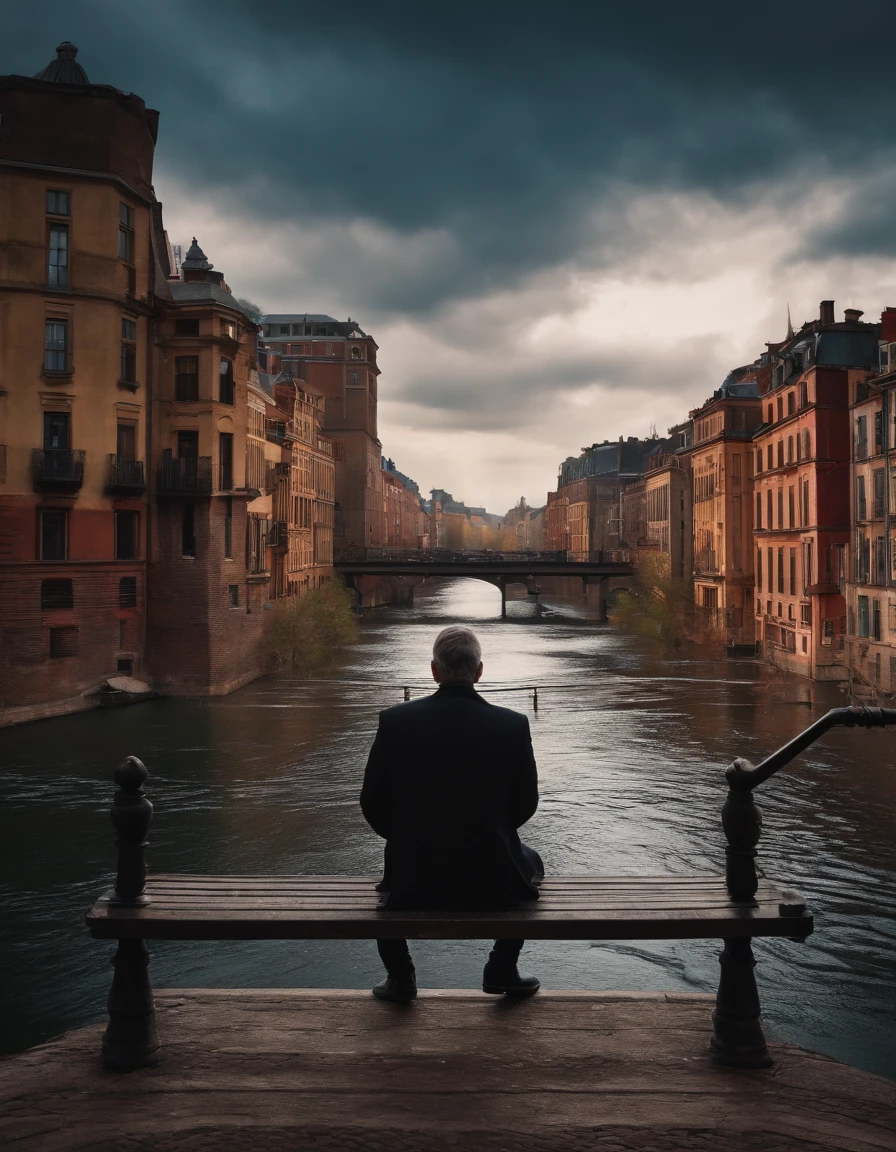 man sitting on bridge overlooking a river, taken from behind the man, no color, close up, background city