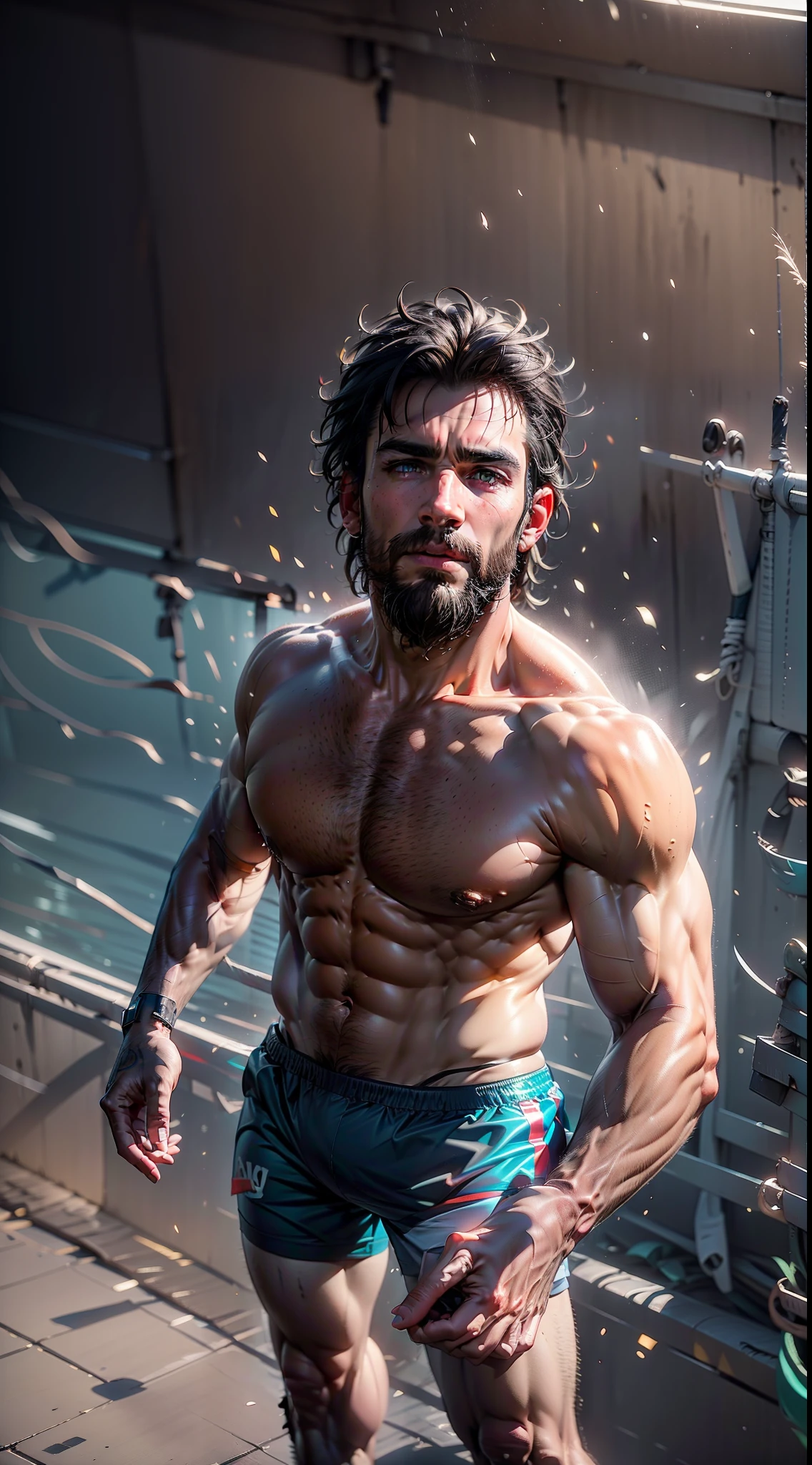 best quality, masterpiece, highres, tyndall effect,photorealistic, dark studio, rim lighting, two tone lighting,one adult male,shirtless with swimming trunks,full_body, very hairy,(high detailed skin:1.2), 8k uhd, dslr, soft lighting, high quality, volumetric lighting, Photograph, high resolution, 4k, 8k, Bokeh