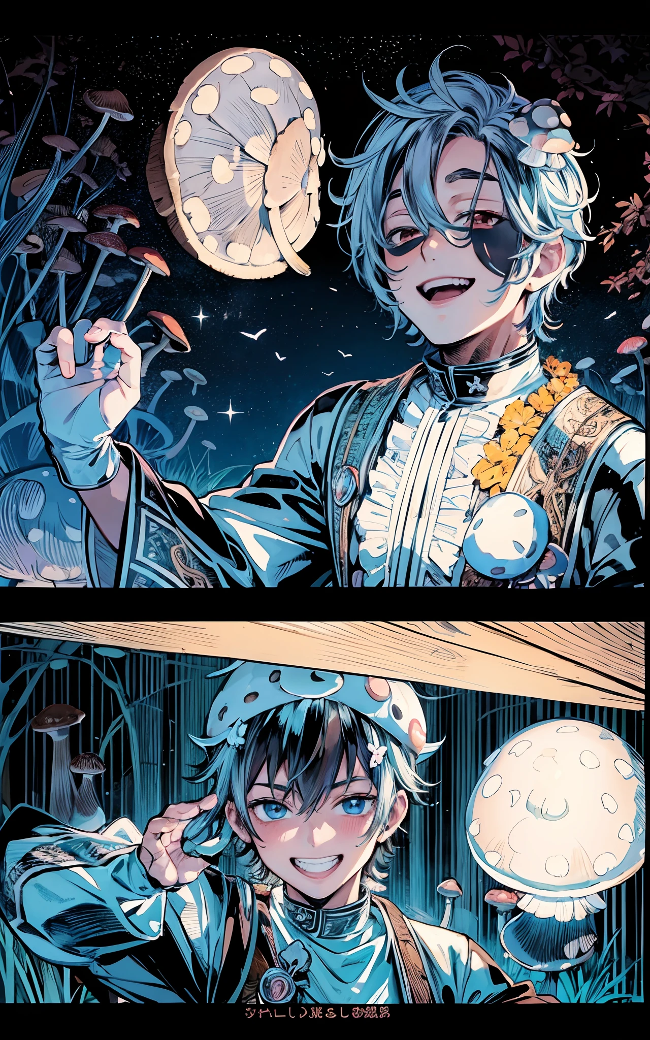 manga, (guy with mushroom on head:1.2), grin,