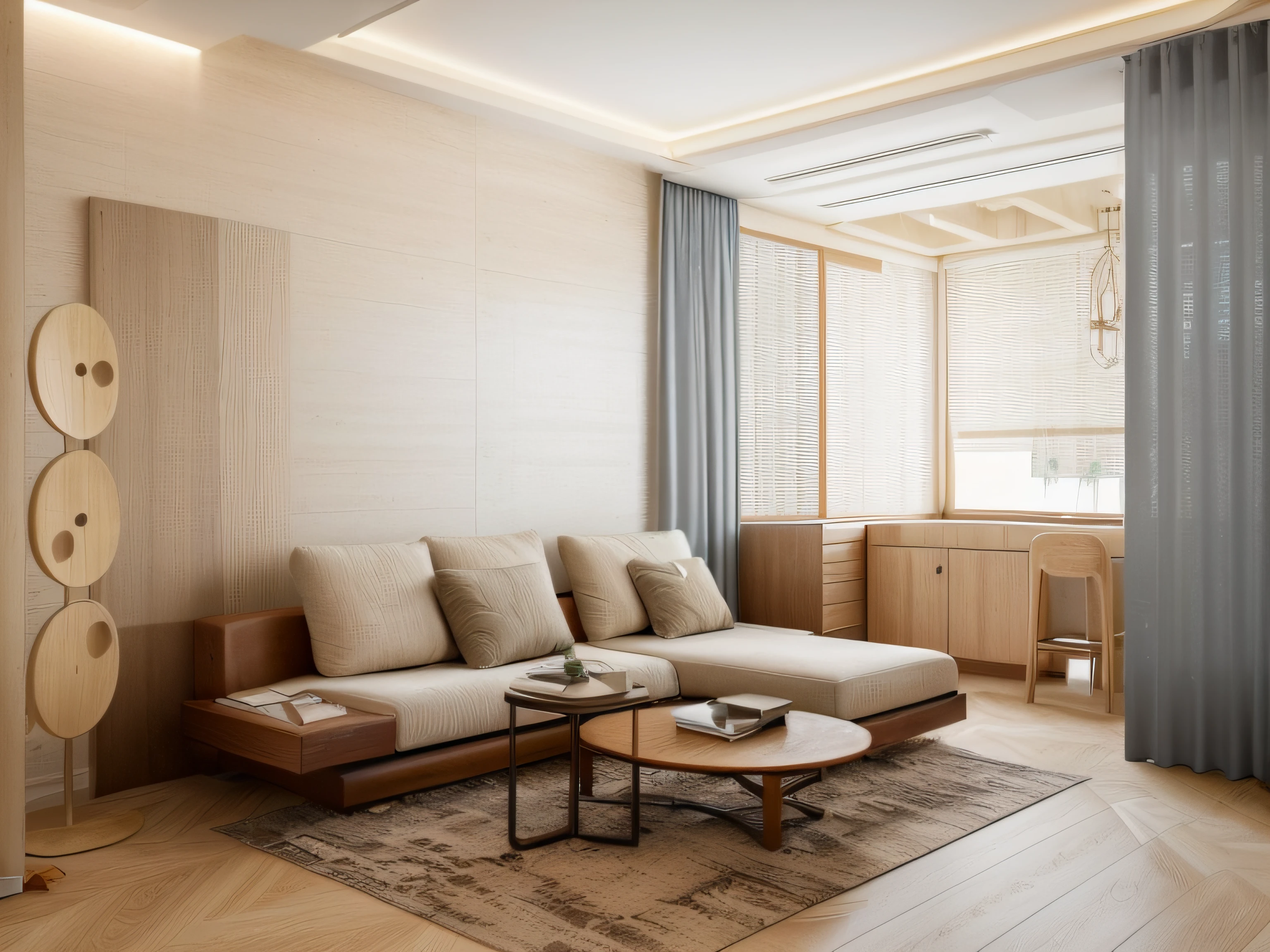 RAW photo, interior classic style, (high detailed skin:1.2), 8k uhd, dslr, (natural light:1.2), high quality, Please generate a detailed and inviting image of the living room in a Japandi-style apartment. The room should embrace the Japandi aesthetic with warm and bright natural wood tones, showcasing the prominent wood grain patterns. The floor should feature luxurious tiles or stone cladding with elegant cloud-like patterns. Incorporate both modern LED lighting and a contemporary chandelier to ensure a well-lit space. The sofa, ideally in a refined textile, should complement the interior furnishings. Choose modern, sleek curtains to enhance the contemporary feel of the room. Emphasize the presence of authentic, crisp natural light, which should illuminate the interior, accentuating the colors and textures. Please ensure that the room exudes an atmosphere of Japandi harmony, sophistication, and a balance between Japanese and Scandinavian design elements, with a particular focus on natural elements, contrast in interior colors, and the presence of authentic natural light