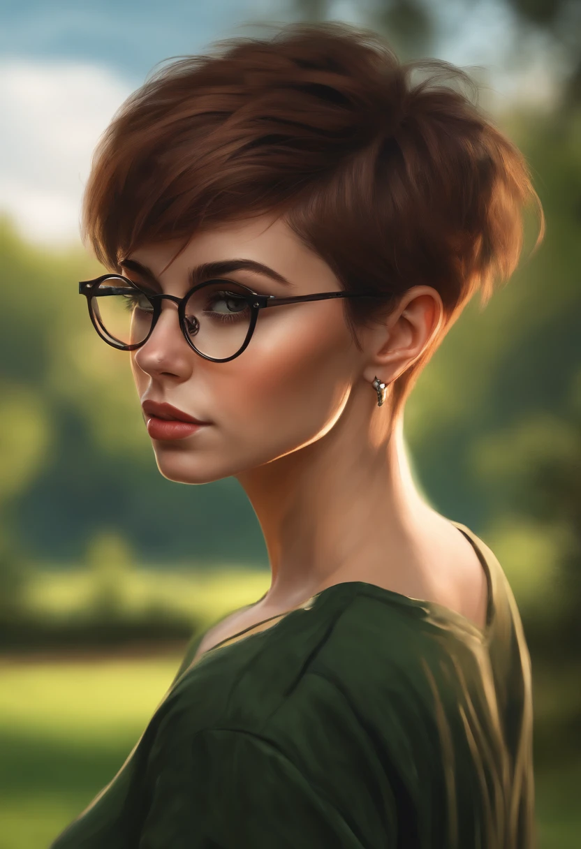 punk girl wearing glasses and a dark shirt, blurred green grass and trees in the background, short brown hair, detailed face, high quality, high resolution