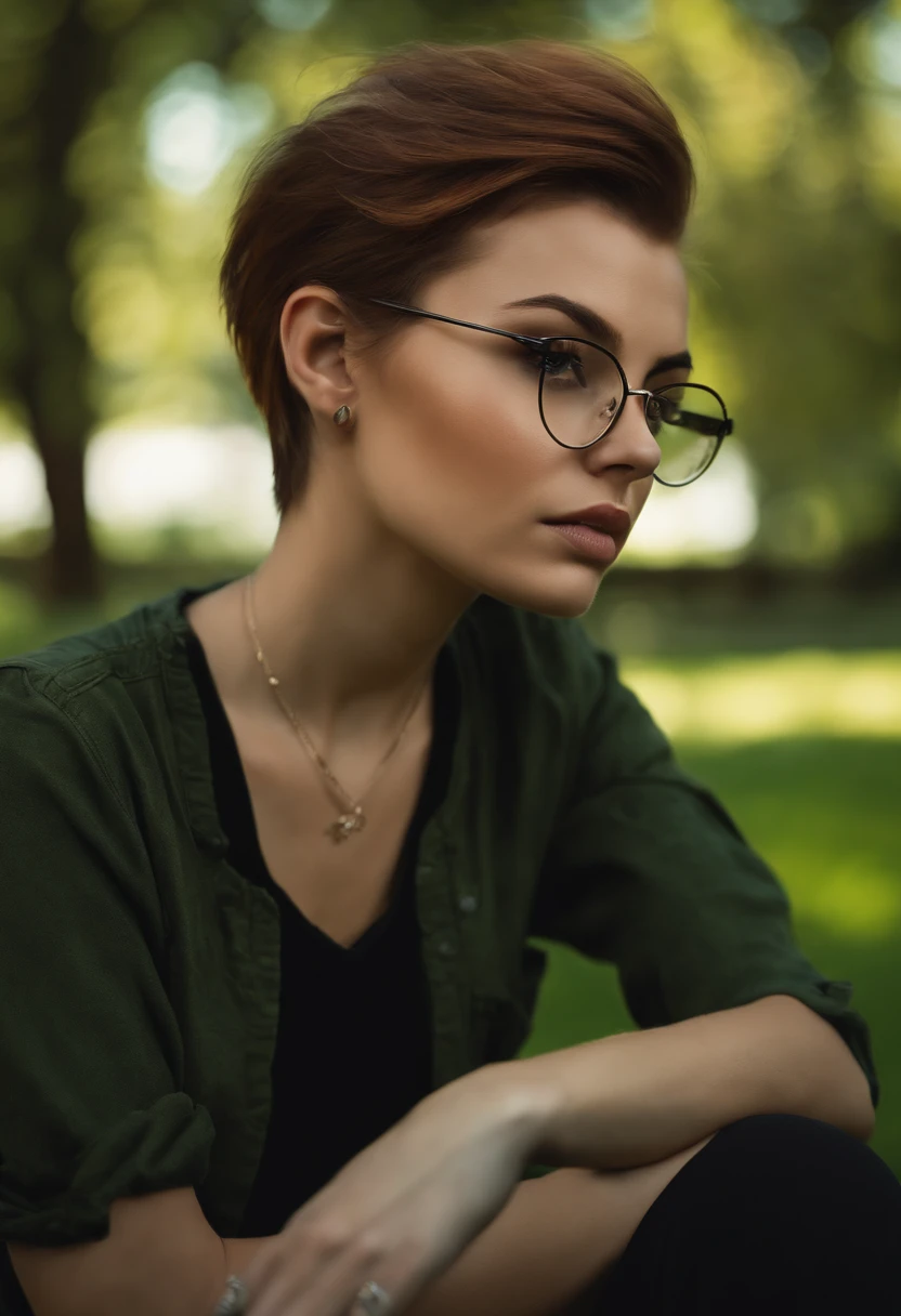 punk girl wearing glasses and a dark shirt, blurred green grass and trees in the background, short brown hair, detailed face, high quality, high resolution