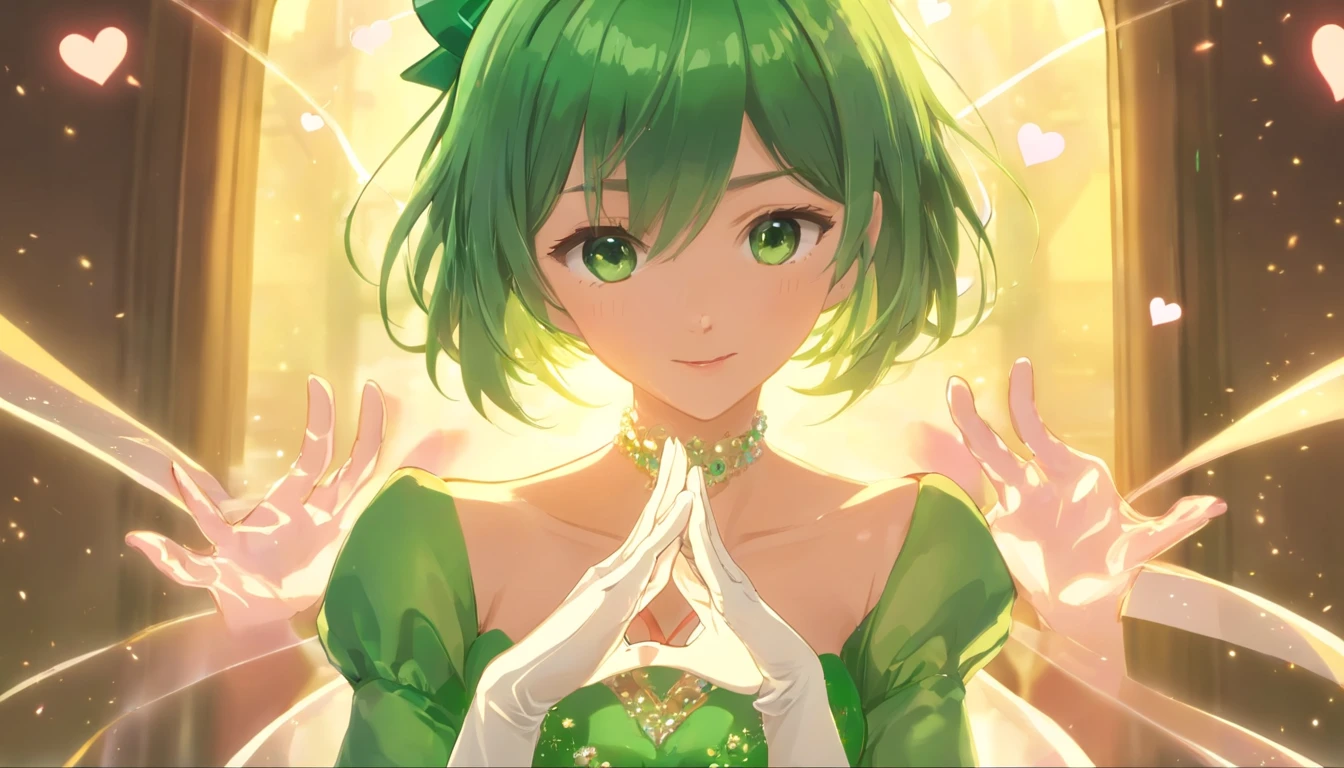 Draw an illustration of a hand that grabs a heart。Imagining a hand that wraps around your heart、Express your love or courage。Hand movement and heart design、1girl in, masterpice, hightquality, top-quality, good body, 5-Fingers, good hands and fingers,, (8K), Green Dress Flower Cleanser,Sense of atmosphere, best qualtiy,tmasterpiece,1girll,30-years old,Green dress,Daytime Church,full body Esbian, Green gloves,extra very short hair,big breasts beautiful,looking at viewert,ssmile,Green Bridal Veil,Green Long Grove,Satin green long gloves, lipsticks, Pearl Necklace、Green gloves,emerald tiara, A Japanese Lady, Look forward, dynamicposes, ((((heart hands))))