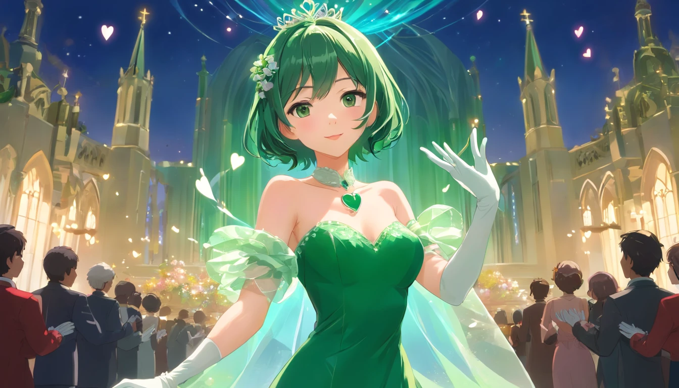 Draw an illustration of a hand that grabs a heart。Imagining a hand that wraps around your heart、Express your love or courage。Hand movement and heart design、1girl in, masterpice, hightquality, top-quality, good body, 5-Fingers, good hands and fingers,, (8K), Green Dress Flower Cleanser，Sense of atmosphere, best qualtiy，tmasterpiece，1girll，30-years old，Green dress，Daytime Church，full body Esbian, Green gloves，extra very short hair，big breasts beautiful，looking at viewert，ssmile，Green Bridal Veil，Green Long Grove，Satin green long gloves,　lipsticks, Pearl Necklace、Green gloves,emerald tiara, A Japanese Lady, Look forward, dynamicposes, ((((heart hands))))
