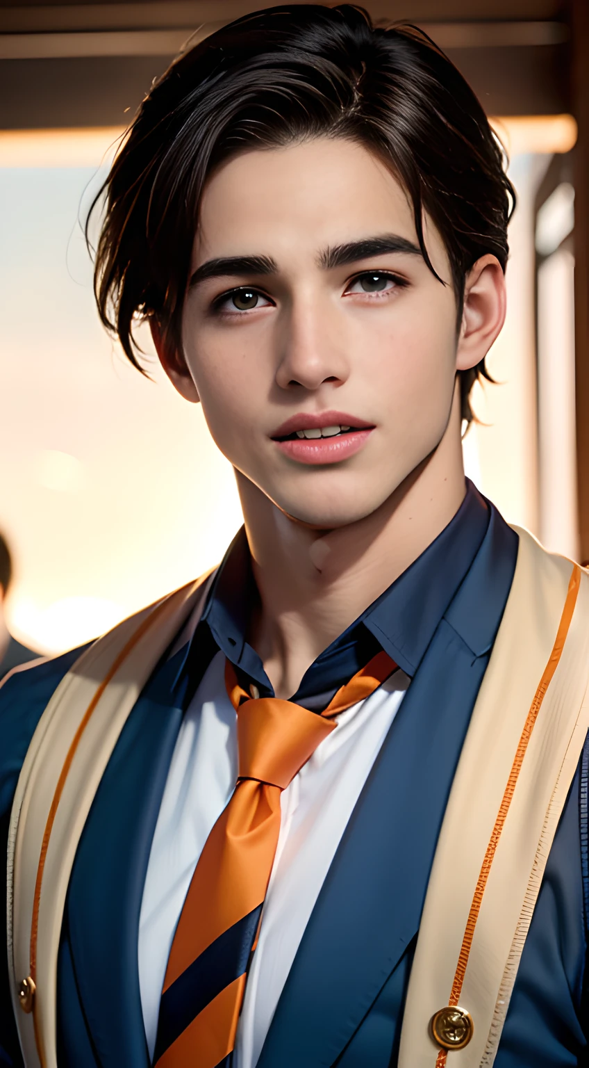 ((Men only)), ((head shot)), ((Pietro Boselli)), (sunburned skin), (Handsome muscular man in his 20s), ((orange necktie)), (showing his cleavage), (big smile), (detaile: 1 in 1), Natural muscles, HIG quality, beautidful eyes, (Detailed face and eyes), (Face、: 1 / 2), Noise, Real Photographics、... ...................................................................................................................PSD, Sharp Focus, High resolution 8K, realisitic & Professional Photography, 8K UHD, Soft lighting, High quality, Film grain, FujifilmXT3