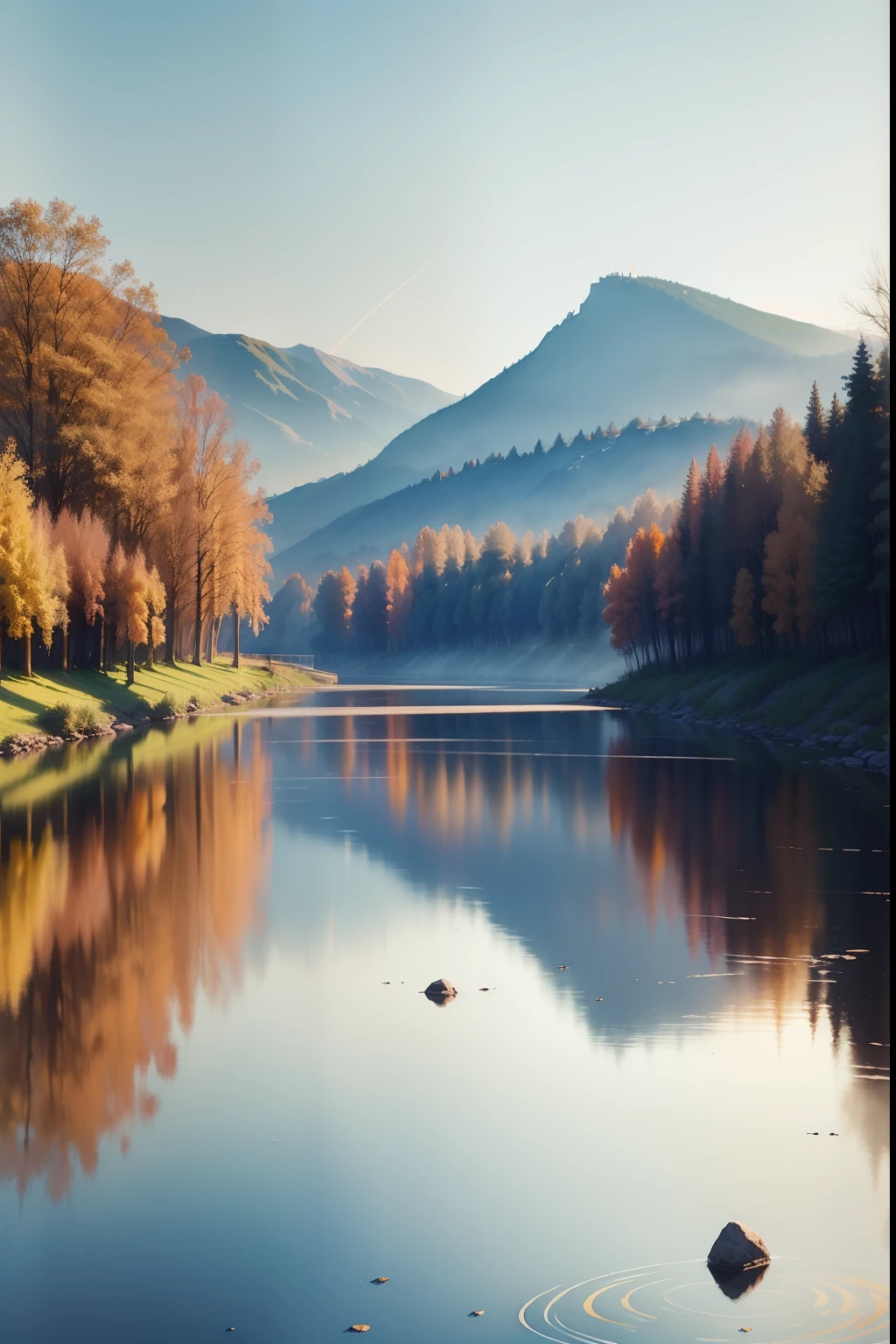 (WaterColor style, The art of spectroscopy) + The majestic river overlooks the panorama + Costume back (Vistas) + (bach + subtle reflections) + (blend + spatter) + (The light and shadow are clear + Swaying dynamics)