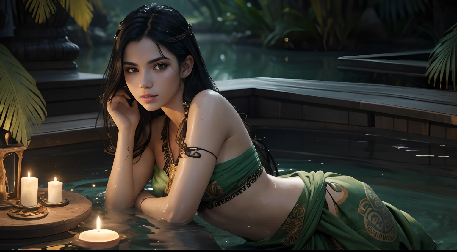 (A 25 years old female Greek model bathing in the lake:1.4), (long black hair:1.2), (pale skin:1.2), (detailed oily and sweaty skin:1.2), (wearing green sarong dress with batik ornate:1.4), (dimly light lake with candles:1.2), (sexy pose:1.2), (chiaroscuro lighting:1.2), photo realism, intricate face detail, intricate hand details, highly detailed, vibrant colors, cinematic, 8k, trending on Artstation--style raw