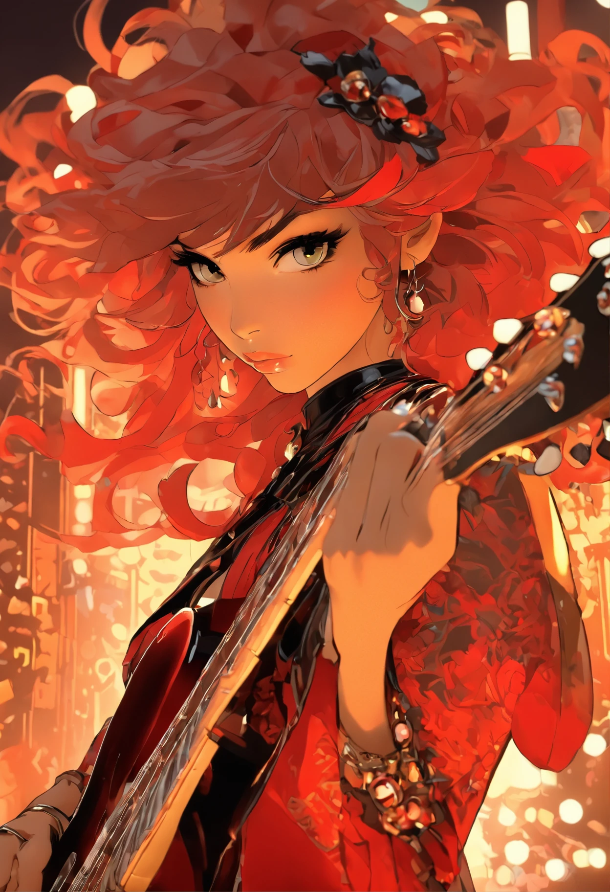 、top-quality、hight resolution、High-quality images、8K、Photorealsitic、３ maidennurse、detaileds、Detailed eye depiction、skin gloss、shinny hair、Soft hair、((３Different people have different hair colors and lengths、Red Black Leather Stage Costume、Vocal＆guitarrist＆bassist:1.4))、portlate、((Concert Posters、Three Female Rock Band、Titles "legends"、Three Faces:1.5))、symbolic、Superstar、Charisma、((by mucha、Decorative:1.3))、