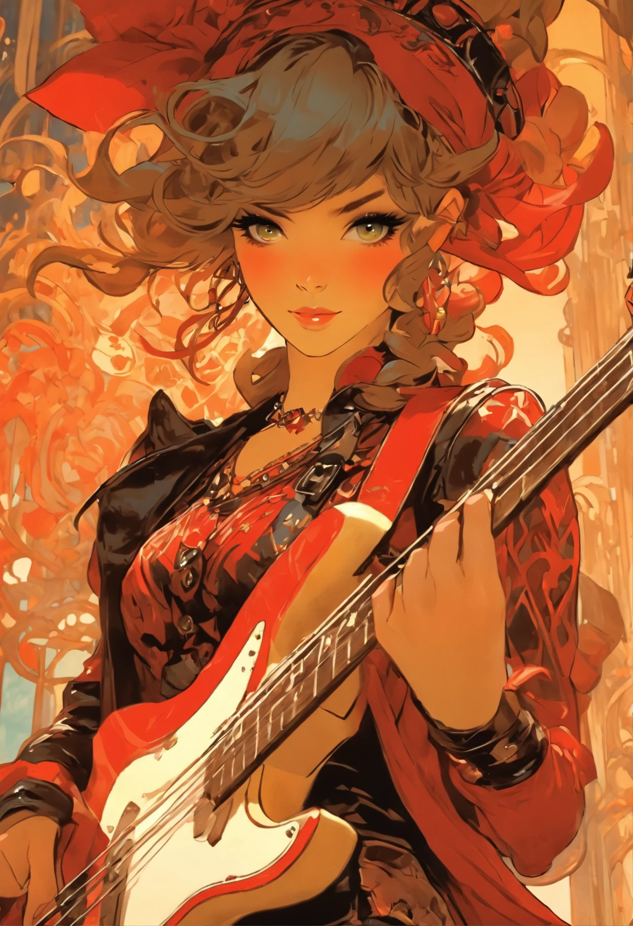 、top-quality、hight resolution、High-quality images、8K、Photorealsitic、３ maidennurse、detaileds、Detailed eye depiction、skin gloss、shinny hair、Soft hair、((３Different people have different hair colors and lengths、Red Black Leather Stage Costume、Vocal＆guitarrist＆bassist:1.4))、portlate、((Concert Posters、Three Female Rock Band、Titles "legends"、Three Faces:1.5))、symbolic、Superstar、Charisma、((by mucha、Decorative:1.3))、