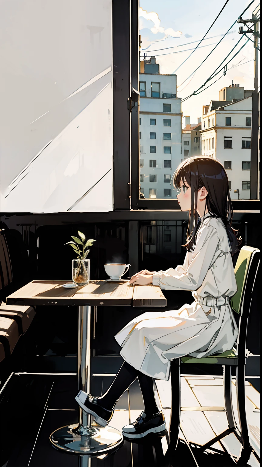 wallpaper, 1girl sitting in a coffe shop, table, window, cute, gorgeous, minimalistic