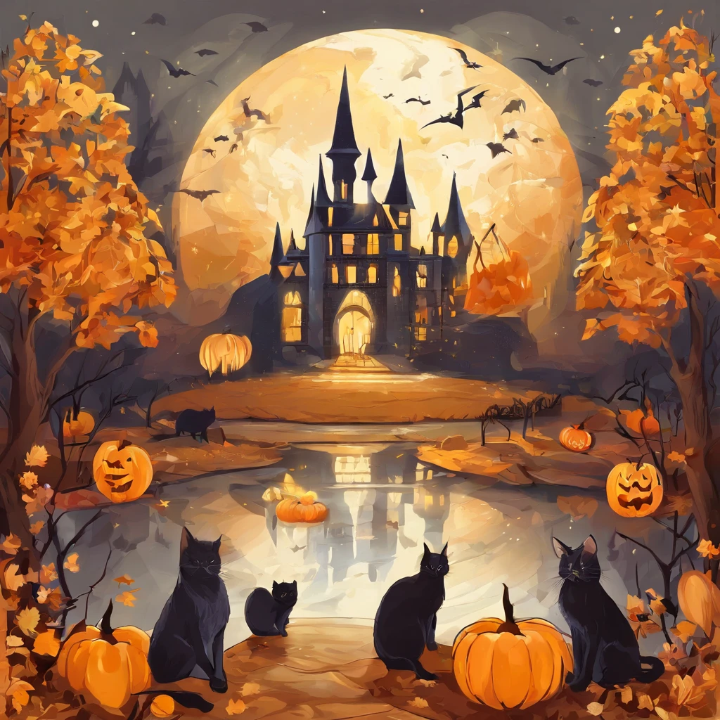 monochrome, Stitching style,halloween,pumpkins, candy,tiling, pattern, symmetrical, exact pattern, witch, witchcraft, broomstick, night moon, bats, black cat, symmetrical. monochromatic ,grainy ,noise effect, yellow leaves, autumn.