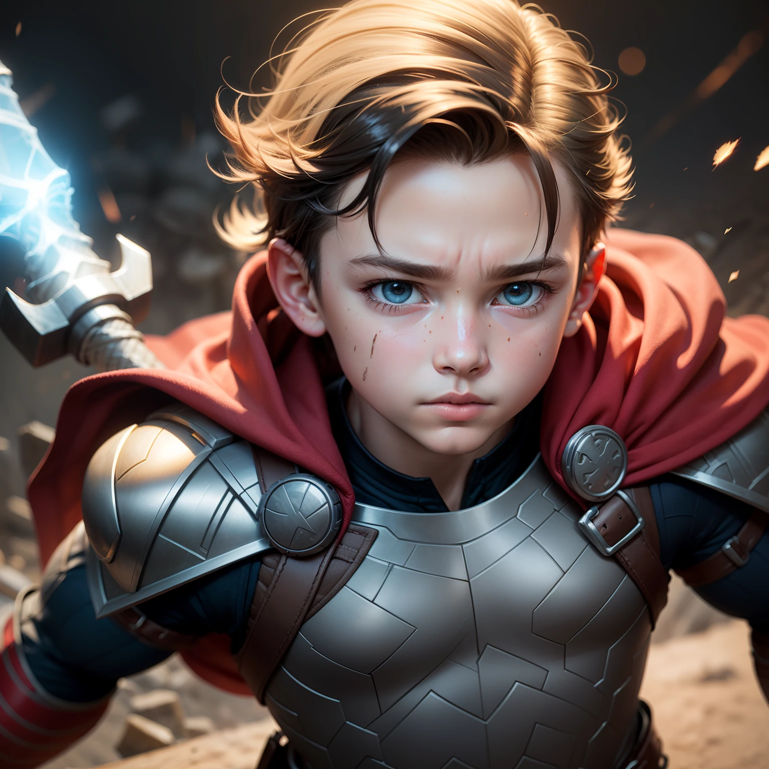 Boy ???, Superhero, zoom, realistic face, with thor hammer,
