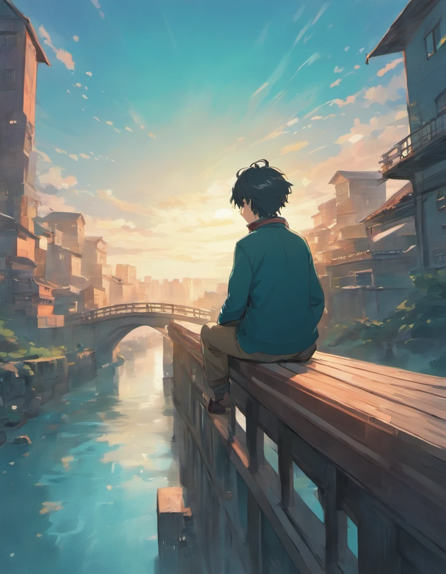 man sitting on bridge overlooking a river, taken from behind the man, no color, close up, background city
