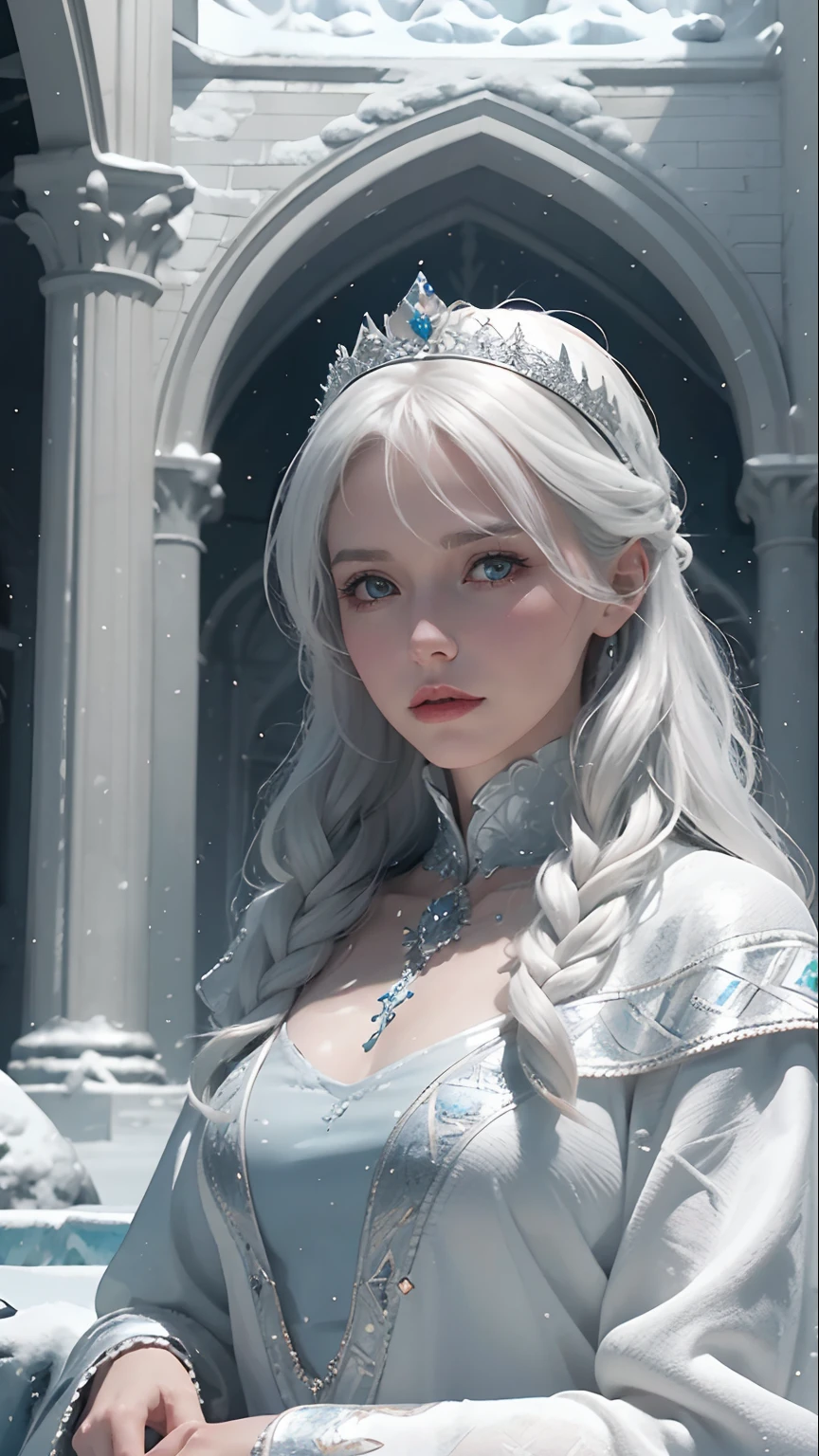 best qualityer,8K Ultra Clear,Narnia Legend White Witch style,silver-haired woman,A dignified and solemn woman,queen of ice,In a palace made of ice and snow