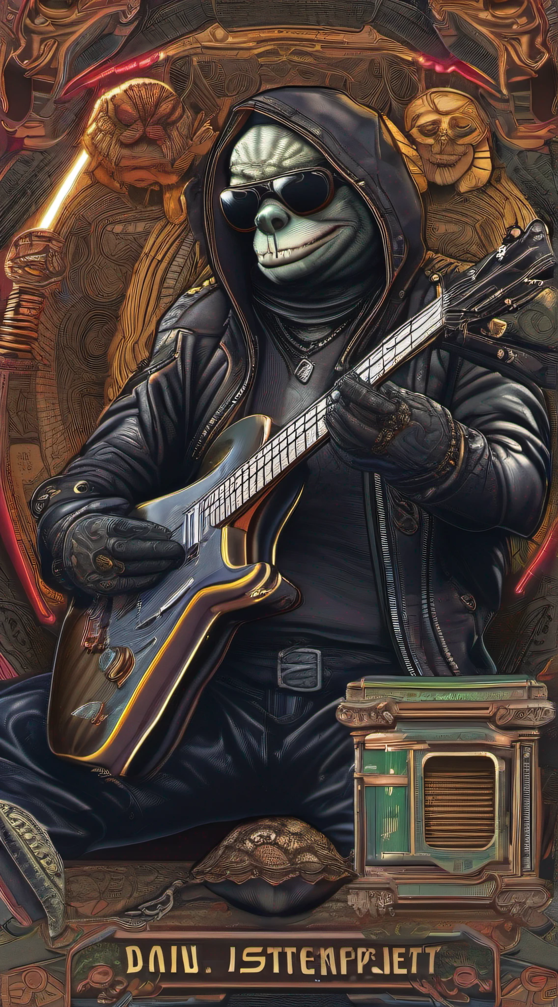 (1 dog (anthropomorphic turtle,))wearing a choker,with tattoos, sunglasses, Black leather jacket,black glove,(There are guitars),Masterpiece, Centered, symetry,expert, insanely details, 4K, composition, The frames, picure, Intricate, voluminetric lighting, Beautiful, rich deep colors masterpiece, Sharp focus, Ultra detailed, in the style of dan mumford and marc simonetti, astrophotography