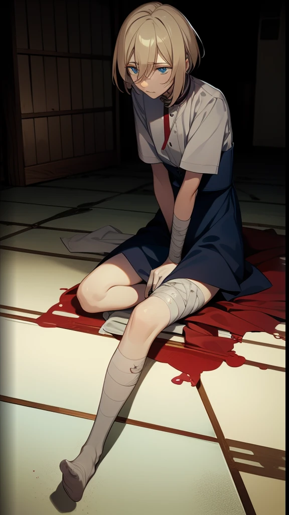 eichi tenshouin, blue eyes, short blonde hair, holding  a knife, blood on face,creepy, solo girl, 1girl. bloody, blood, murder, killer, scary girl, bloody knife, bloody hand, mad, slim waist, long socks ,on floor, blood dripping, indoors, scary aura, guro, gore, in pain, cuts on leg, cutting, self harm, cuts on body, beaten up, bandages on arm, bloody bandage