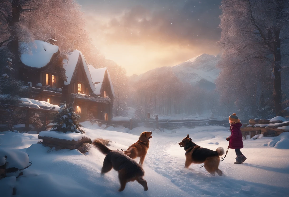 CHILDREN PLAYING IN THE SNOW, WINTER, SNOWING, DOG, 8K, detailed matte painting, deep color, fantastical, intricate detail, splash screen, complementary colors, fantasy concept art, 8k resolution trending on Artstation Unreal Engine 5"