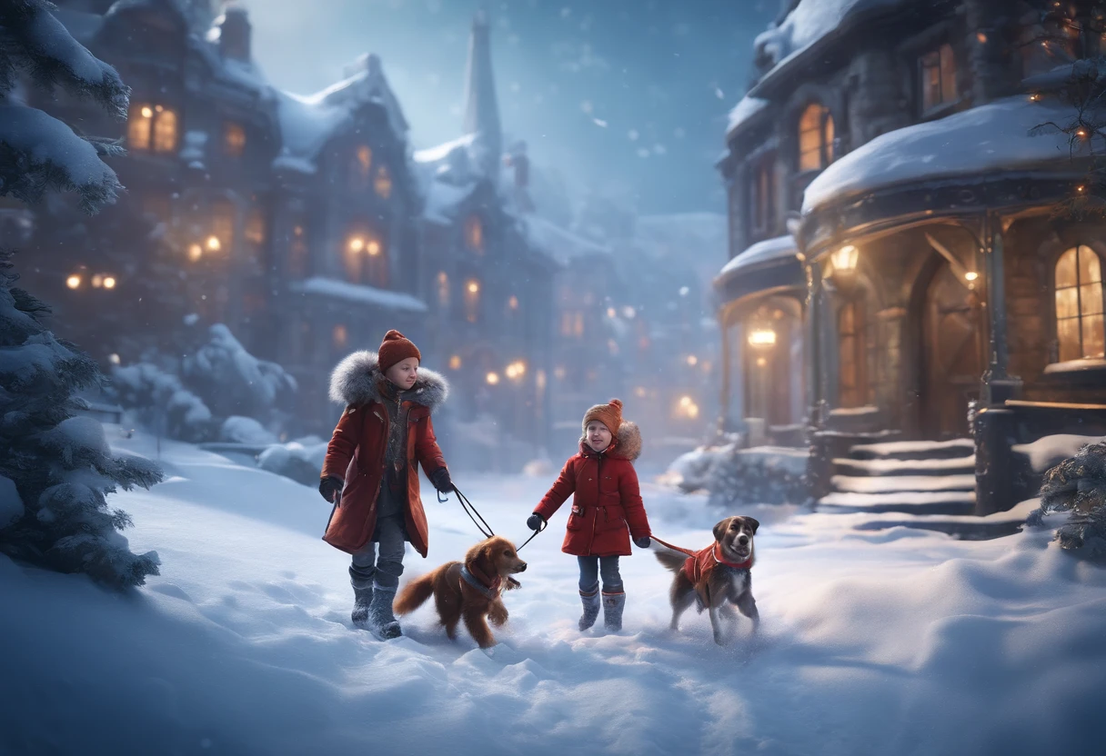 CHILDREN PLAYING IN THE SNOW, WINTER, SNOWING, DOG, 8K, detailed matte painting, deep color, fantastical, intricate detail, splash screen, complementary colors, fantasy concept art, 8k resolution trending on Artstation Unreal Engine 5"
