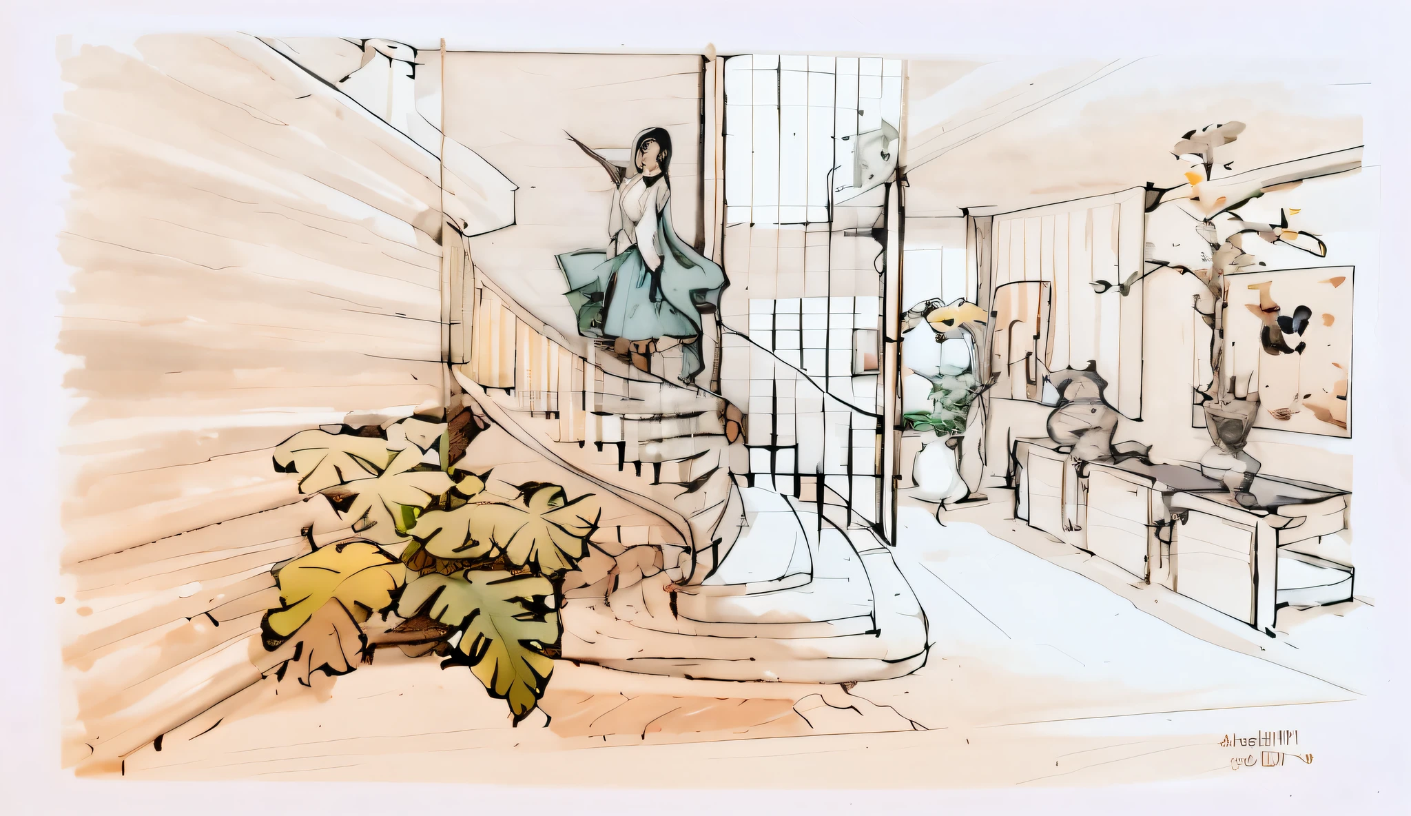 living interior style: modern of Luigi rosselli architecture, The girl in a white dress is walking up the stairs, sofa color tone: white berge, lighting: night. material: glass wall, paint white, oak warm wall tv, South American monster green plant, real images, rendering 4k