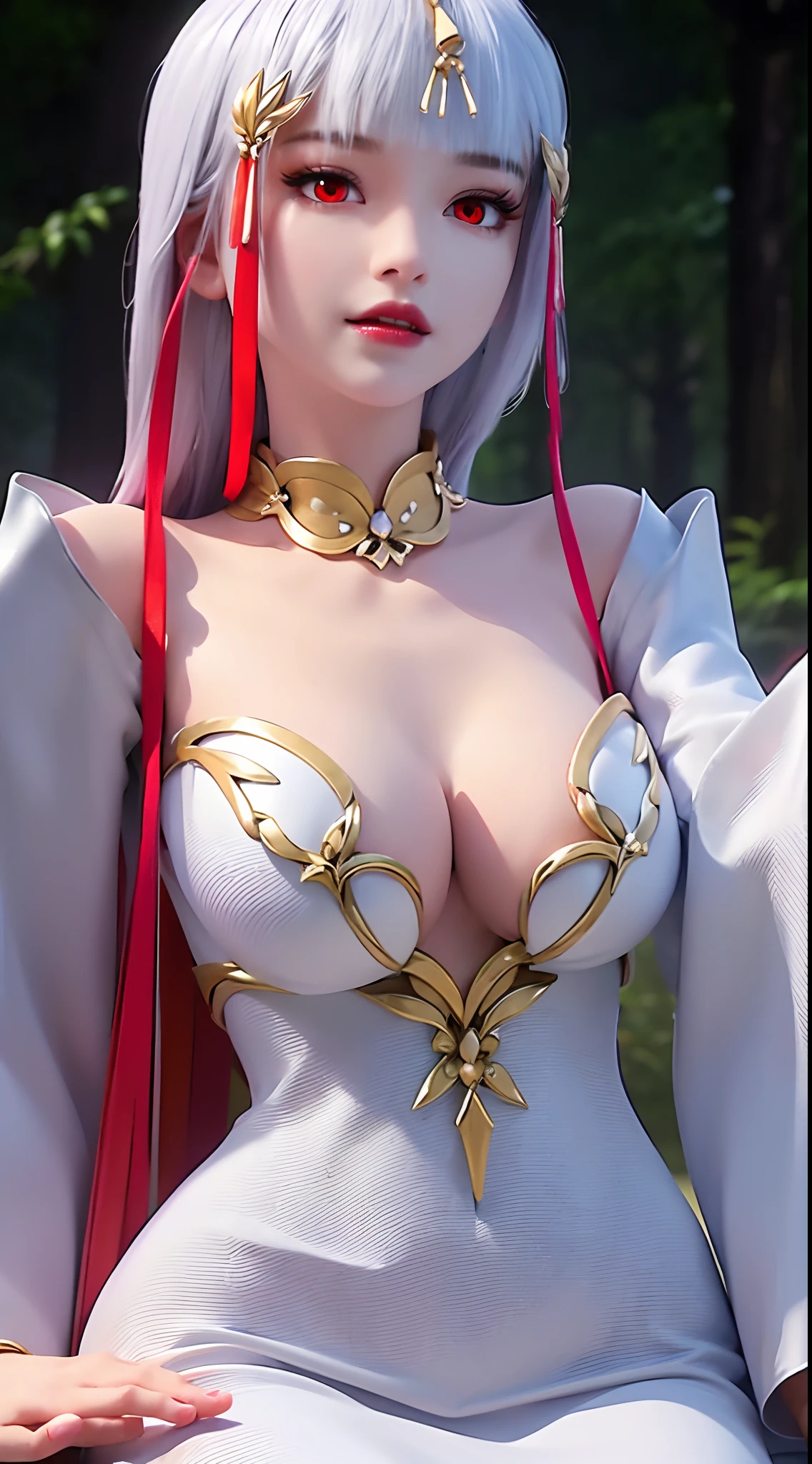 "A beautiful 20 year old young woman, (((sexy slim dress:1.6))), white dress with red trim, platinum hair color, platinum bangs, the most beautiful and detailed hair jewelry, extremely round shape and face beautiful, thin eyebrows, most beautiful and perfect face, ((black eye pupils:0.8)), very beautiful eyes, ((red eyes:1.4)), eyelashes makeup and beautiful details, high nose, earrings, thin lips, red lips, ((closed mouth: 1.5)), beautiful lips, (((touch your thighs:1.6))), smooth white skin, most beautiful thighs, ((arms spread out to the sides: 1.5)), strong arms and legs, rosy face, clean face, flawless beautiful face, smooth white skin, cleavage, ((big breasts:1.6)), ((very round breasts:1.3)), ((tight chest:1.2)), ((breast augmentation:1.5)), beautiful breasts, ((lower biceps: 1.5)), 8k photo quality, super high quality, super realistic, 10x super pixel, realistic photo, studio dark, rim light, two-tone light, (high detail skin: 1.2), ultra 8k, soft light, high quality, volumetric light, realistic, Photo, high resolution, light bright, best photo, 4k quality, Smooth and sharp, 10x pixels, (galaxy:1.7), aurora, lightning, surreal graphics, most realistic graphics, 1 girl, alone, solo, Super sharp, surreal images, closer to the girl, ((frontal portrait:1.5)),"